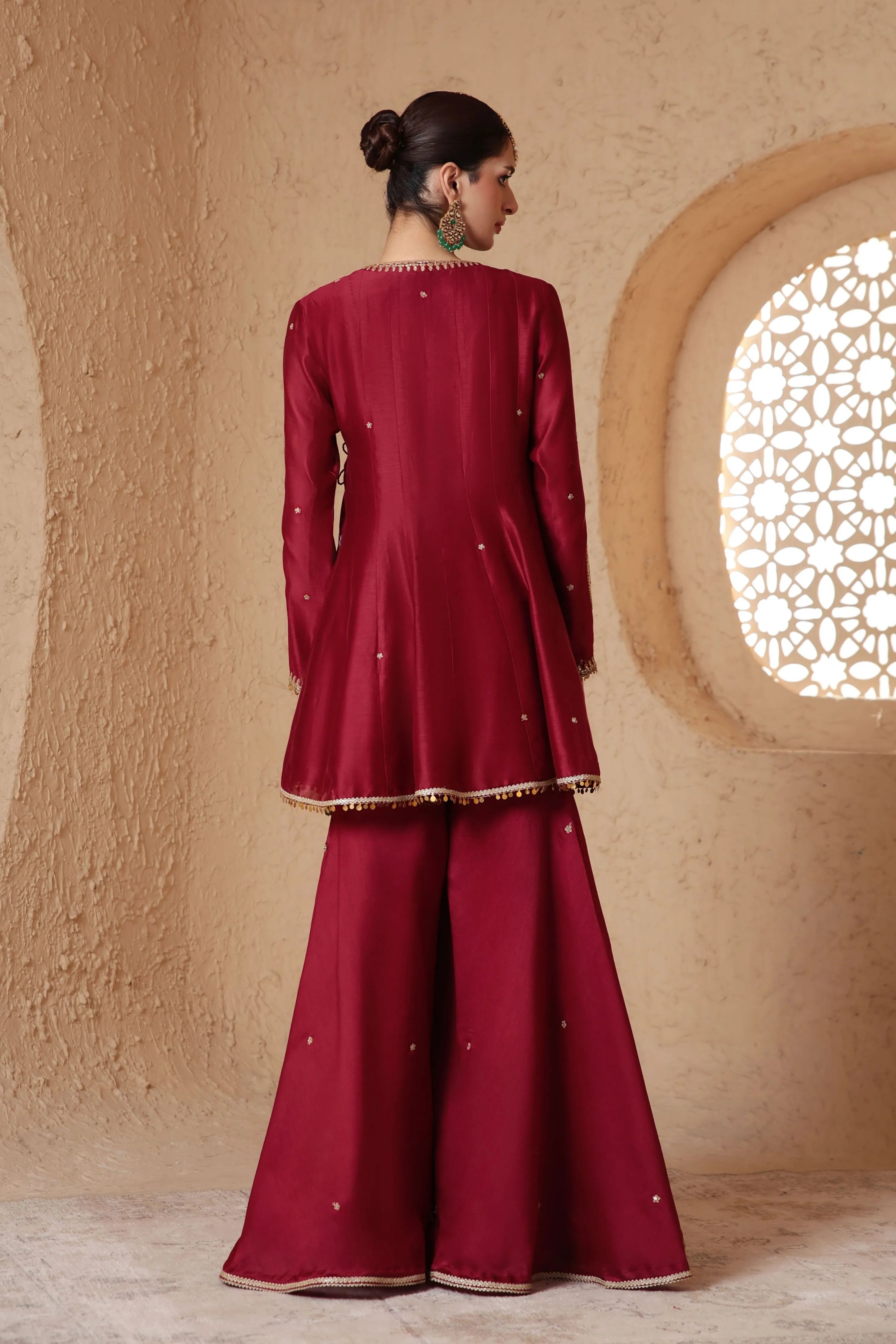 Mehrang Maroon Angrakha Sharara Set