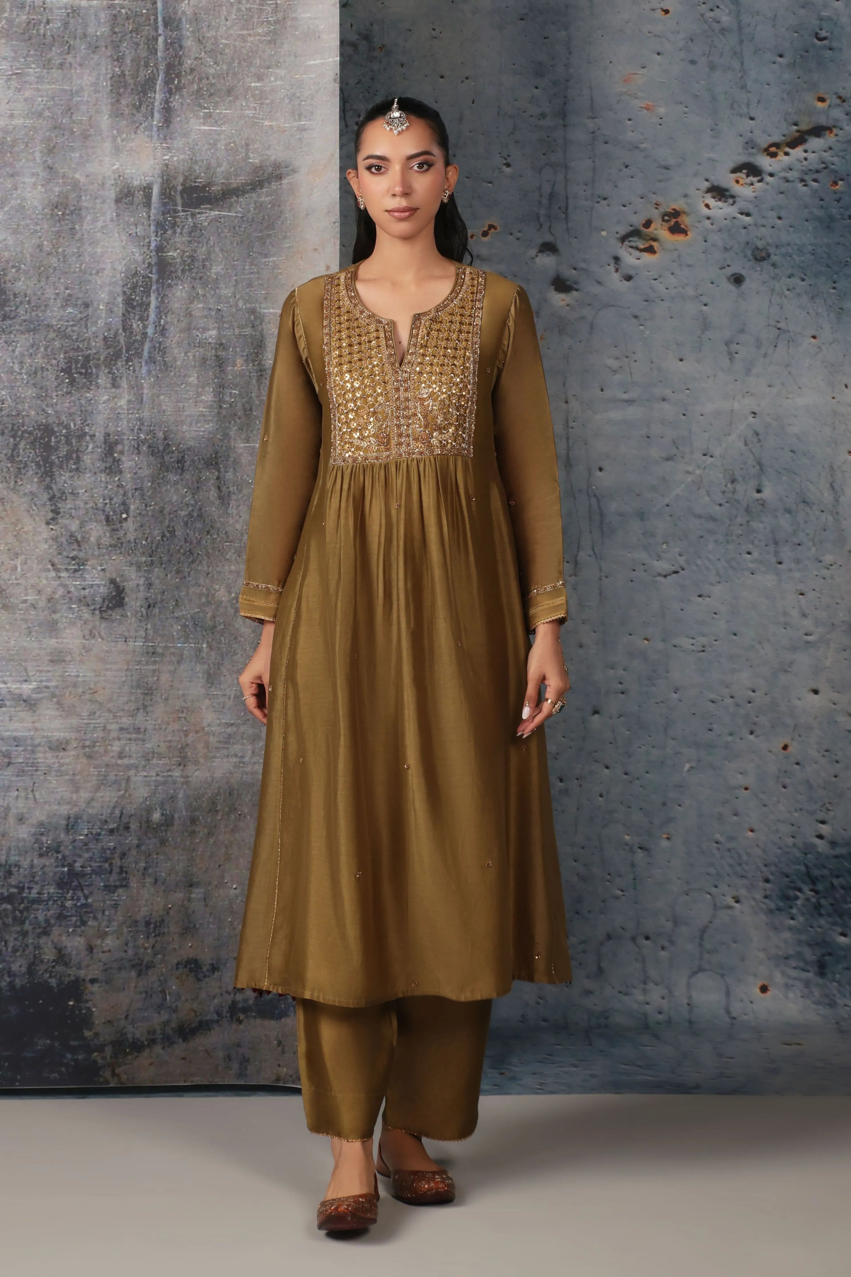 Mehrang Olive Green Frockstyle Kurta Set