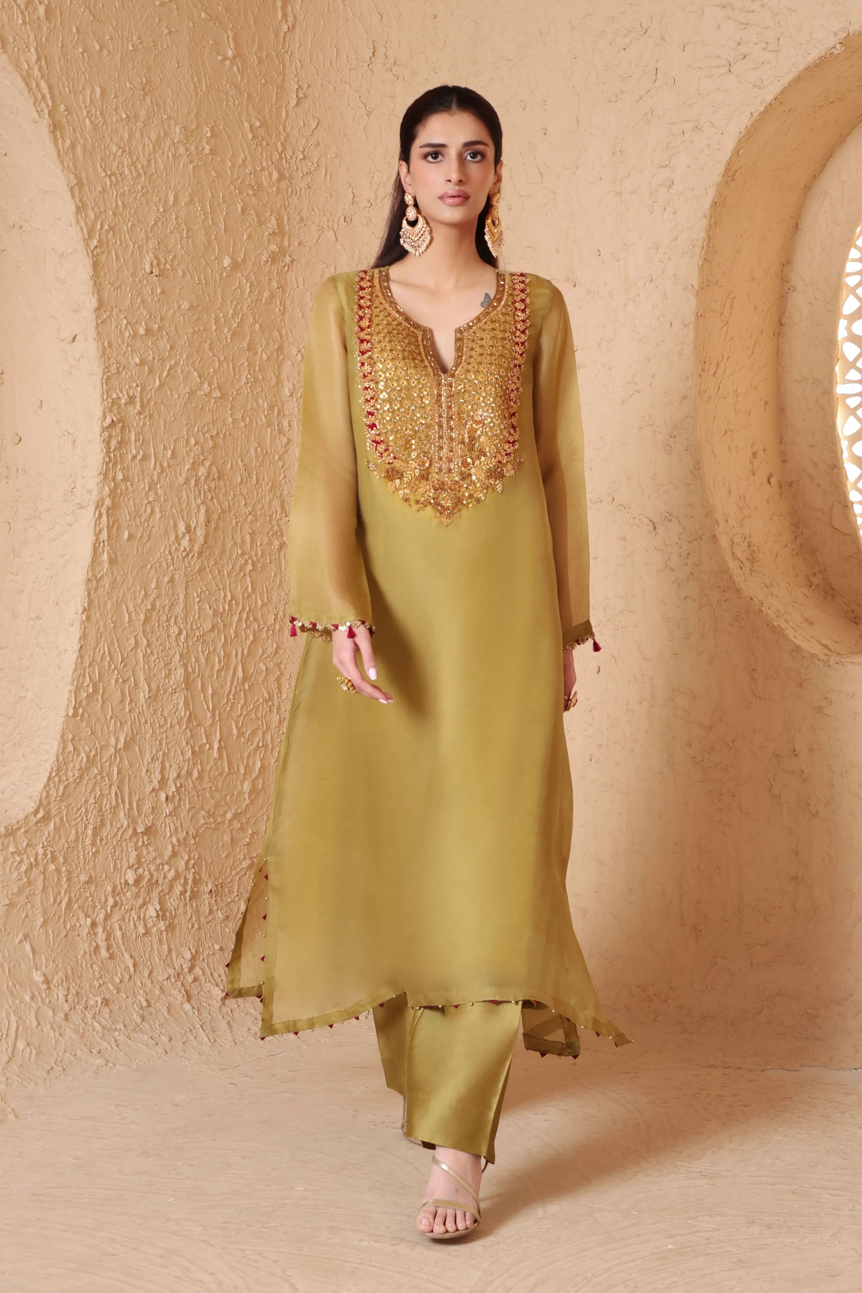 Mehrang Olive Green Heavy Neck Kurta Set