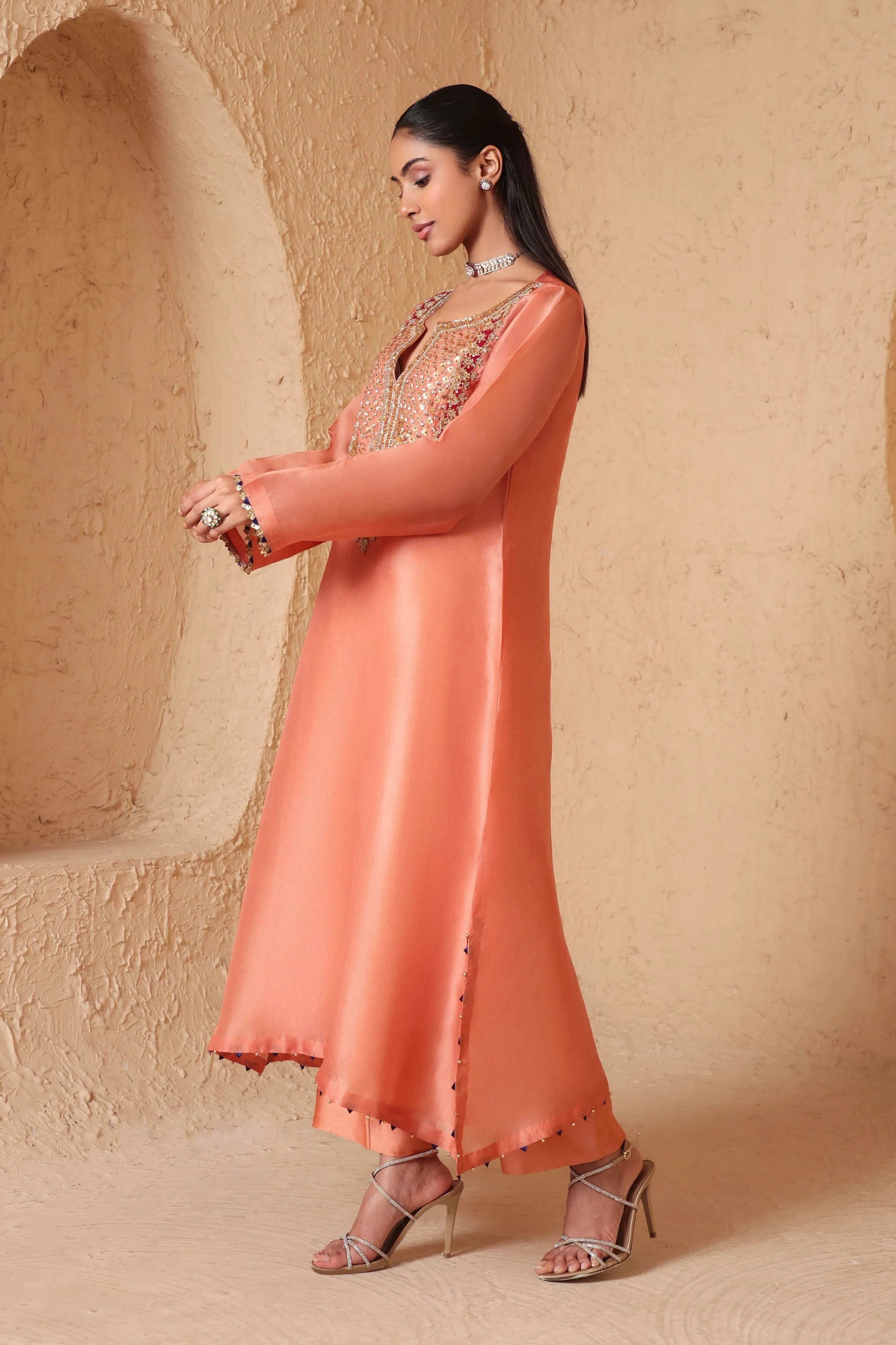 Mehrang Peach Heavy Neck Kurta Set