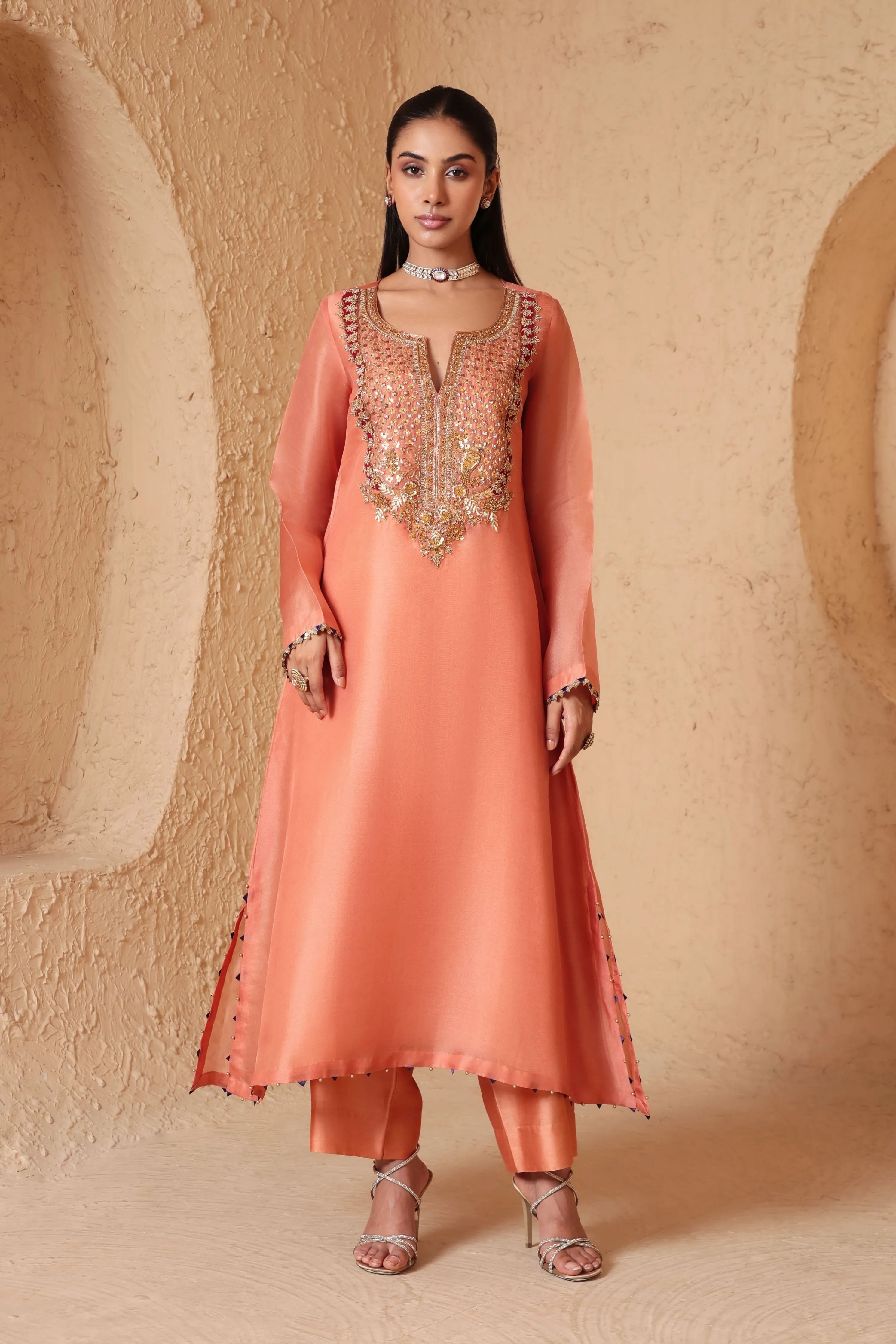 Mehrang Peach Heavy Neck Kurta Set