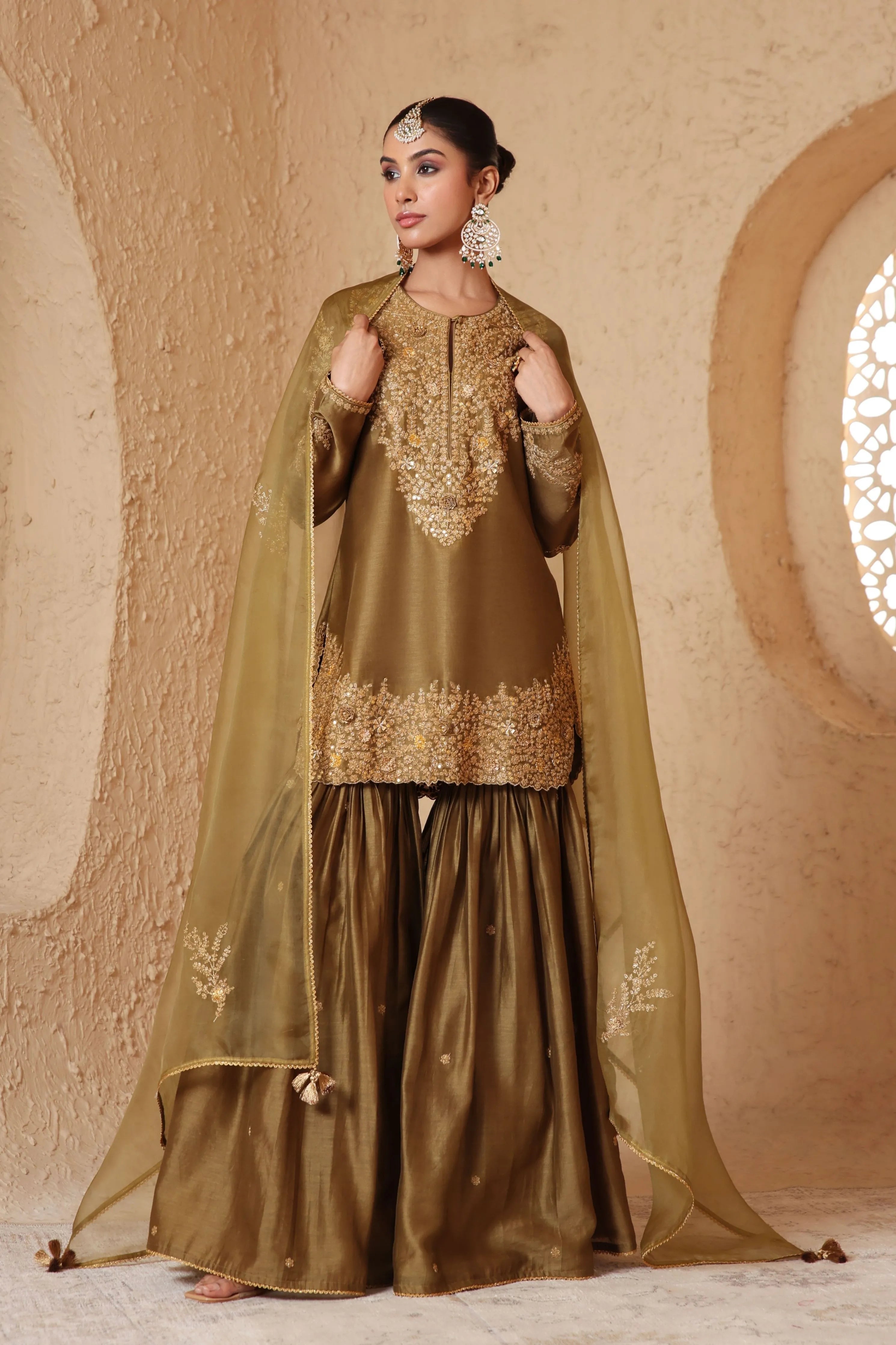 Mehrang Olive Green Heavy Sharara Set