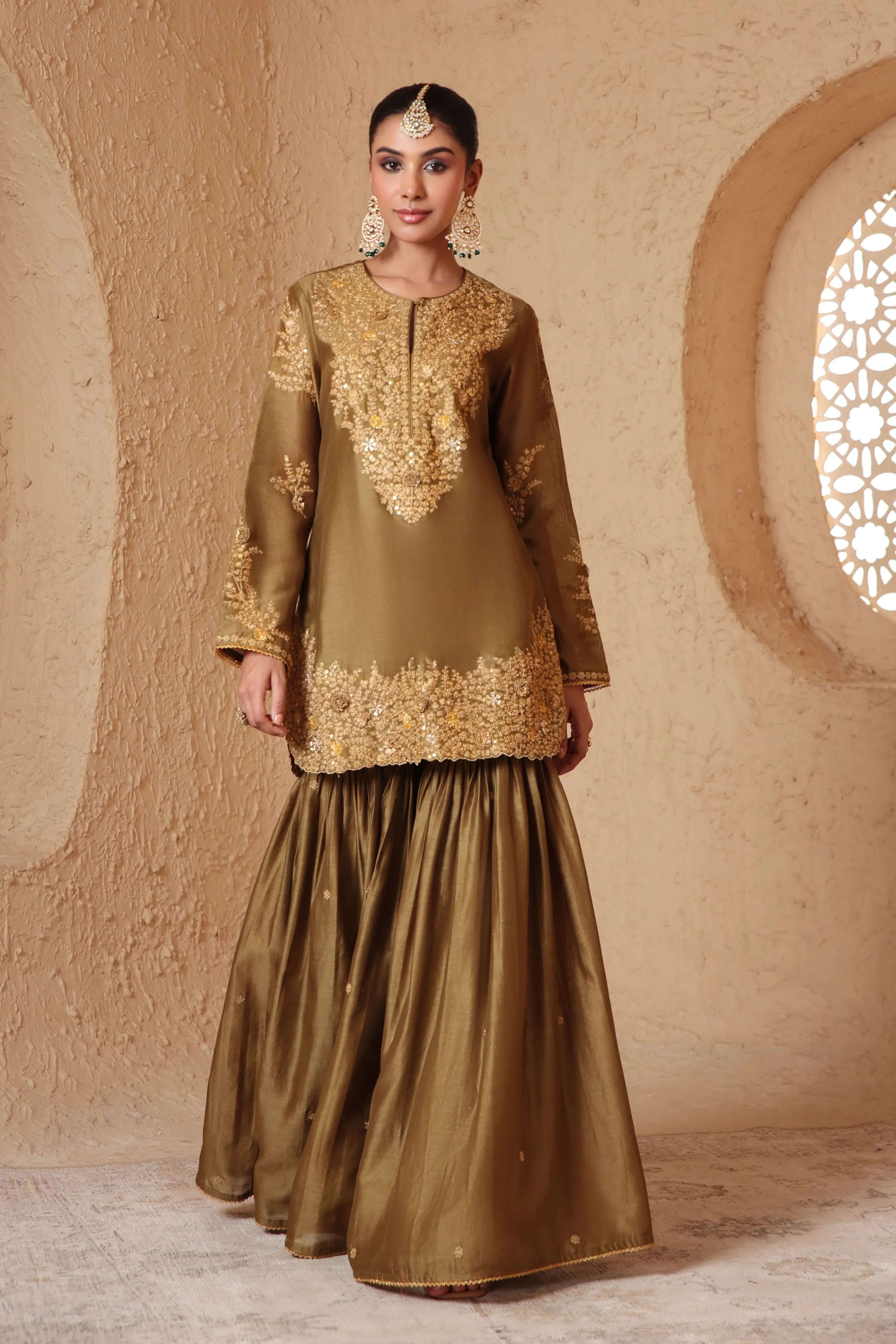 Mehrang Olive Green Heavy Sharara Set