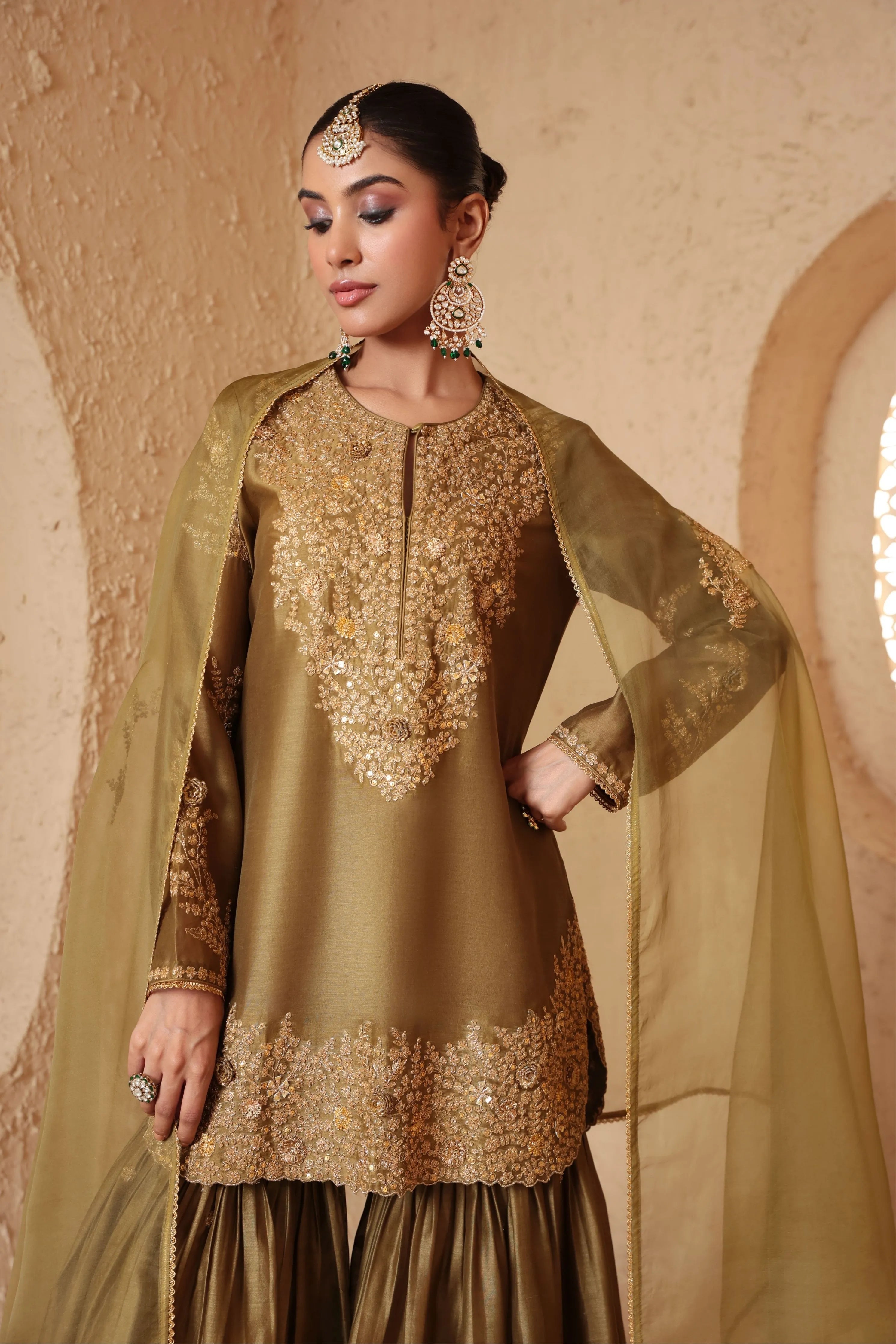 Mehrang Olive Green Heavy Sharara Set