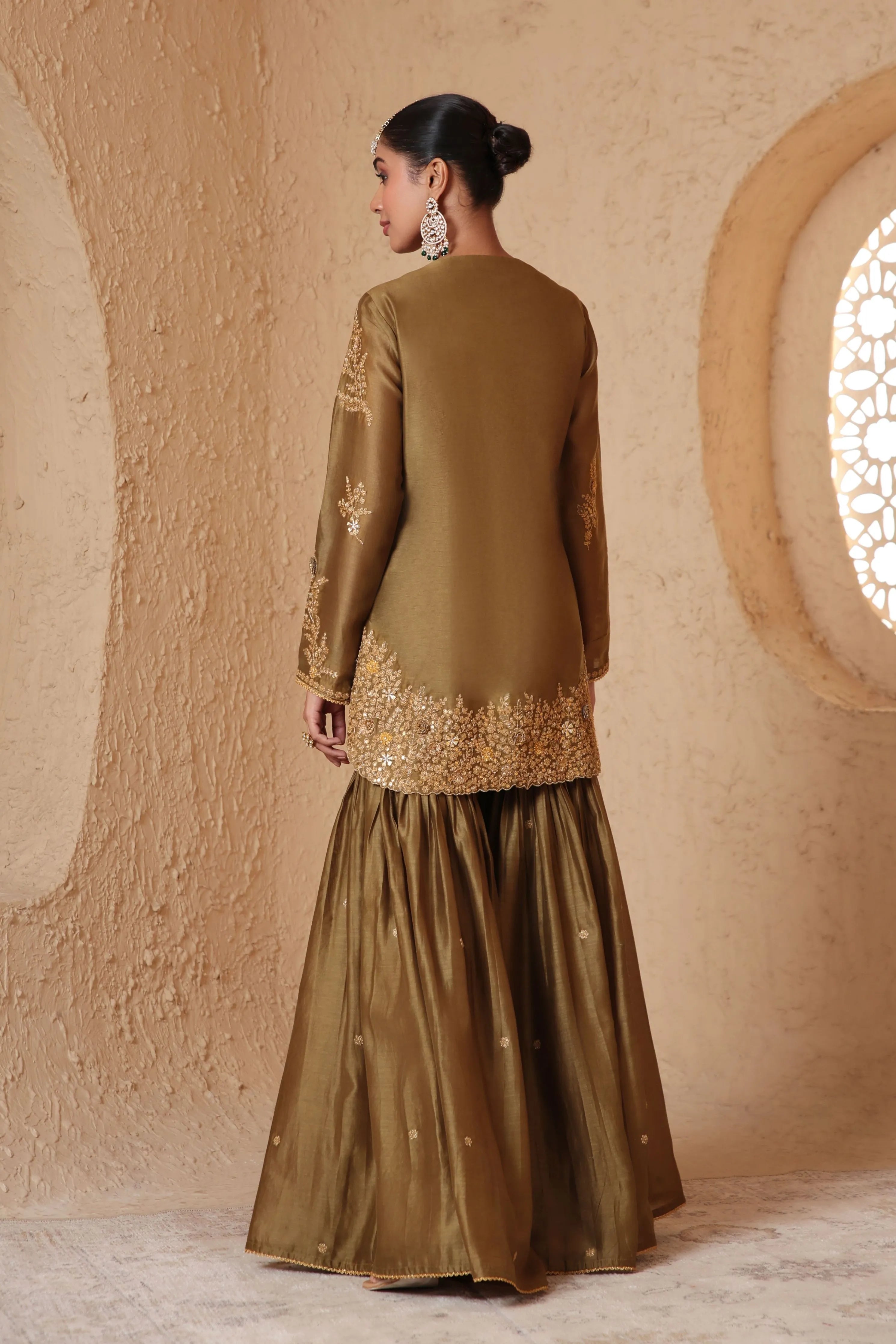Mehrang Olive Green Heavy Sharara Set