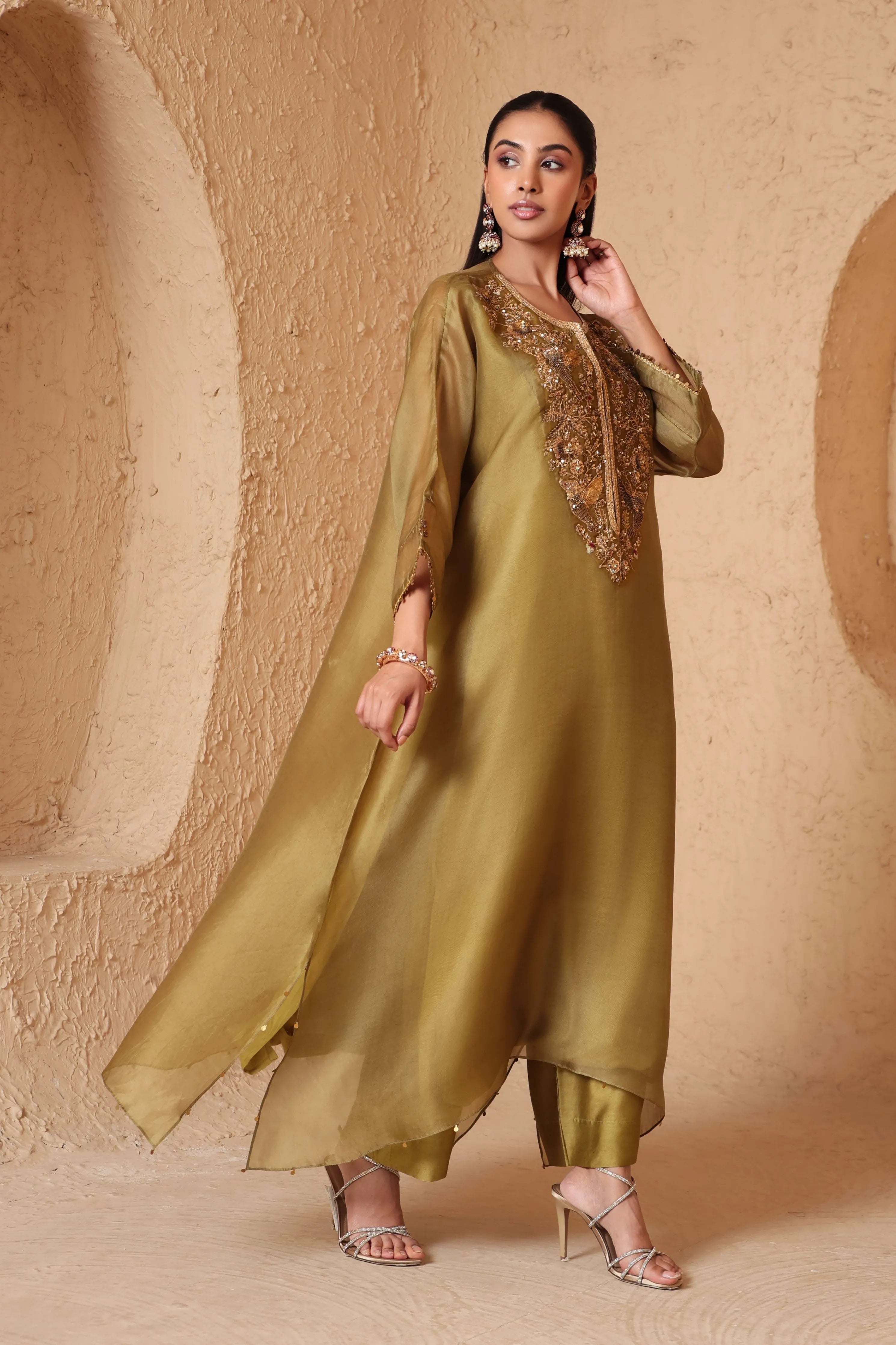 Mehrang Olive Green Kaftan Kurta Set