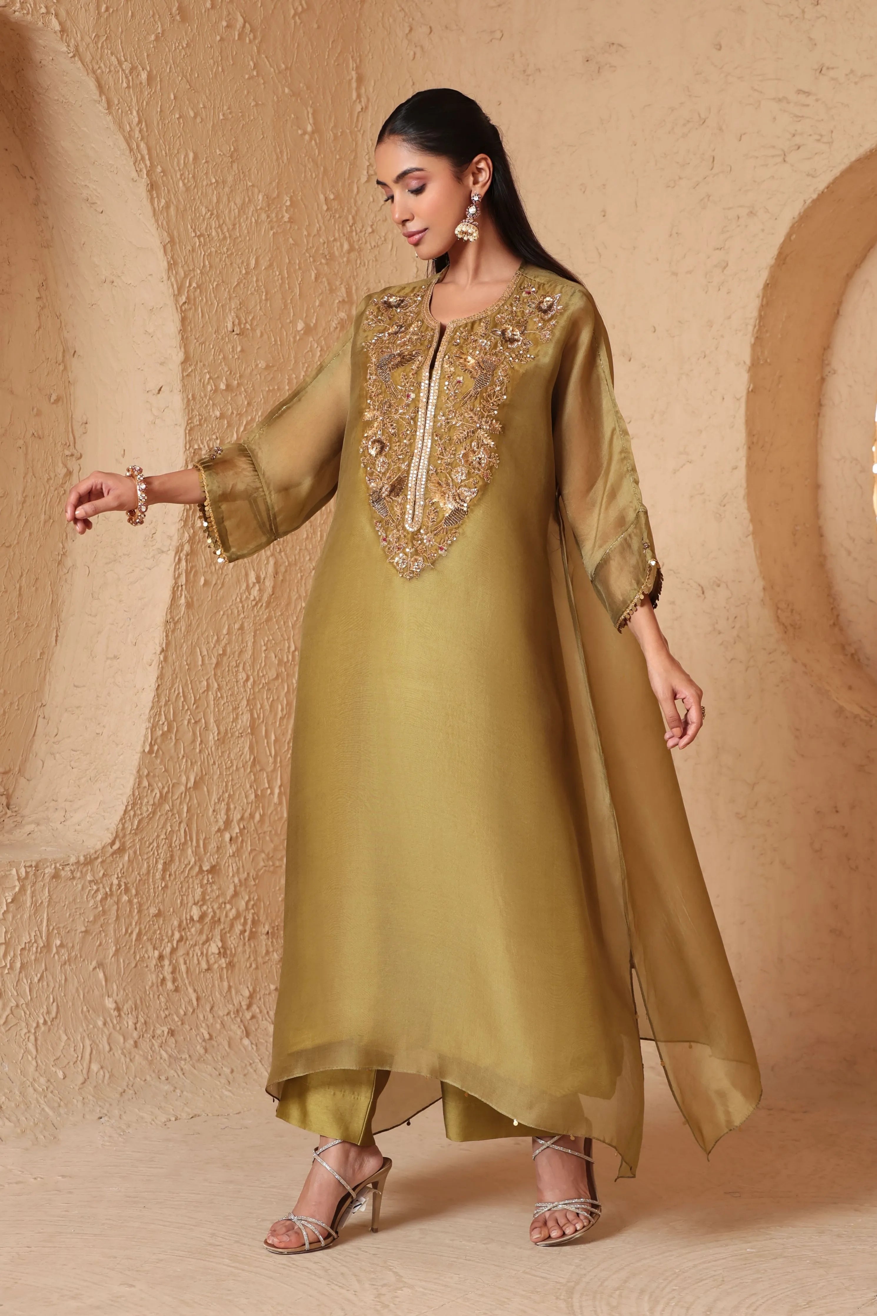 Mehrang Olive Green Kaftan Kurta Set