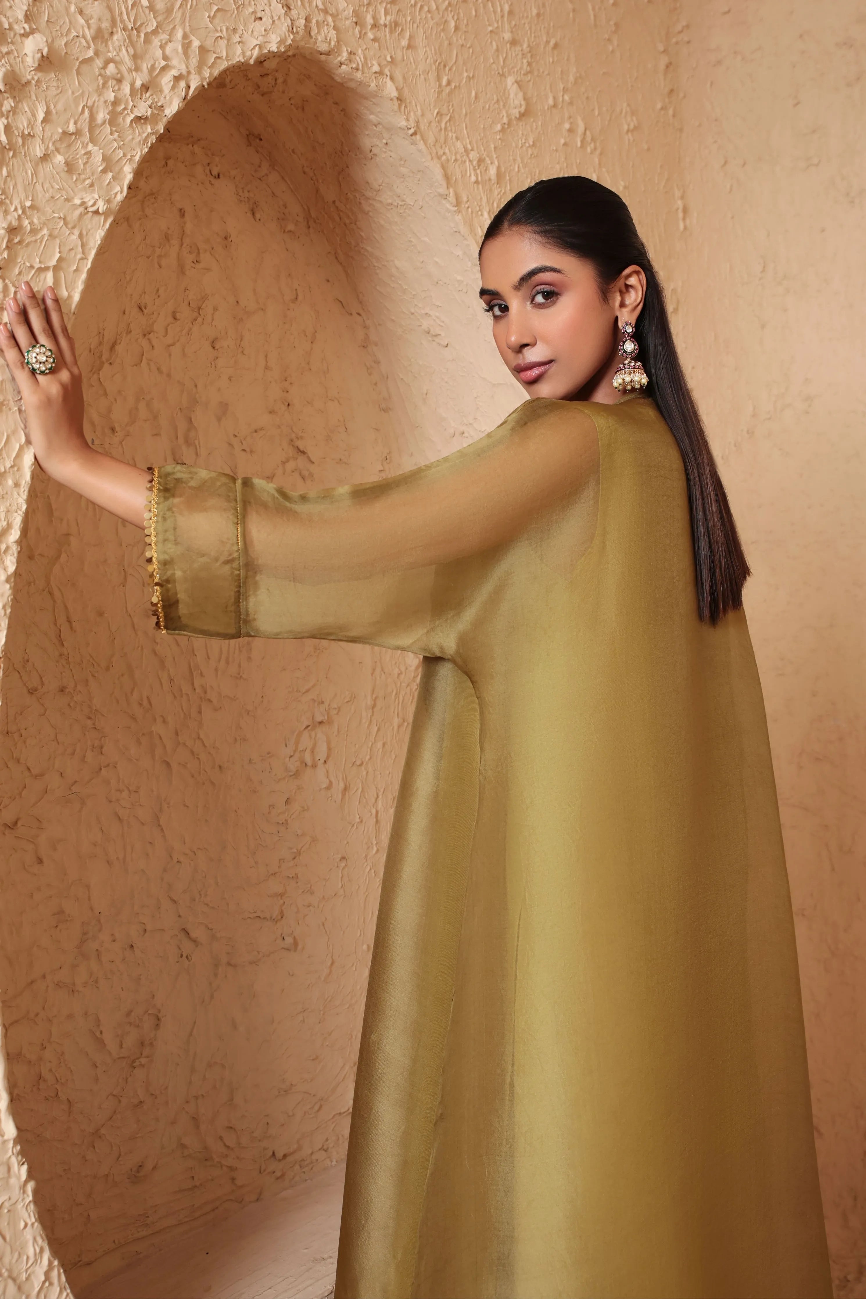 Mehrang Olive Green Kaftan Kurta Set