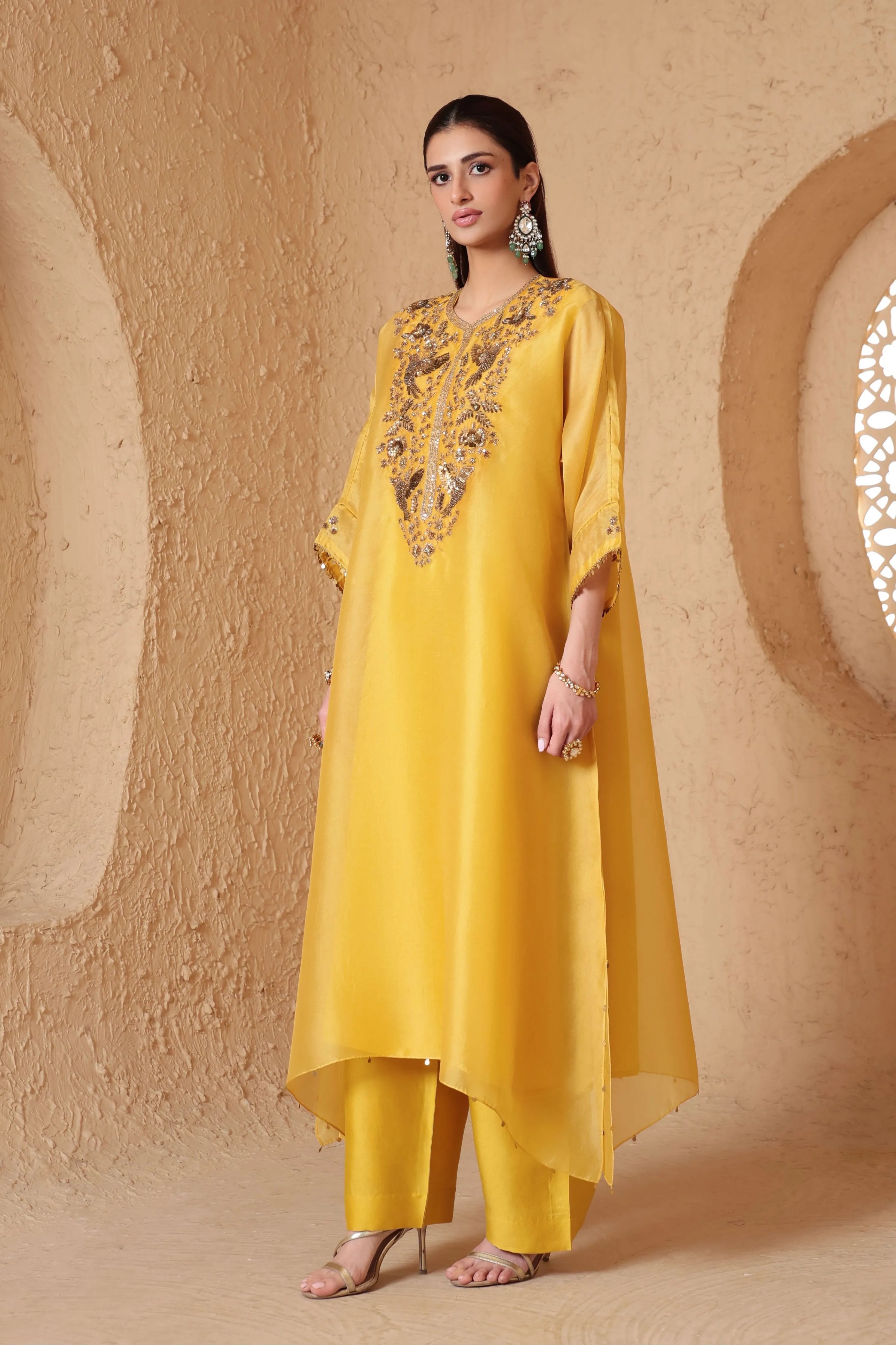 Mehrang Yellow Kaftan Kurta Set