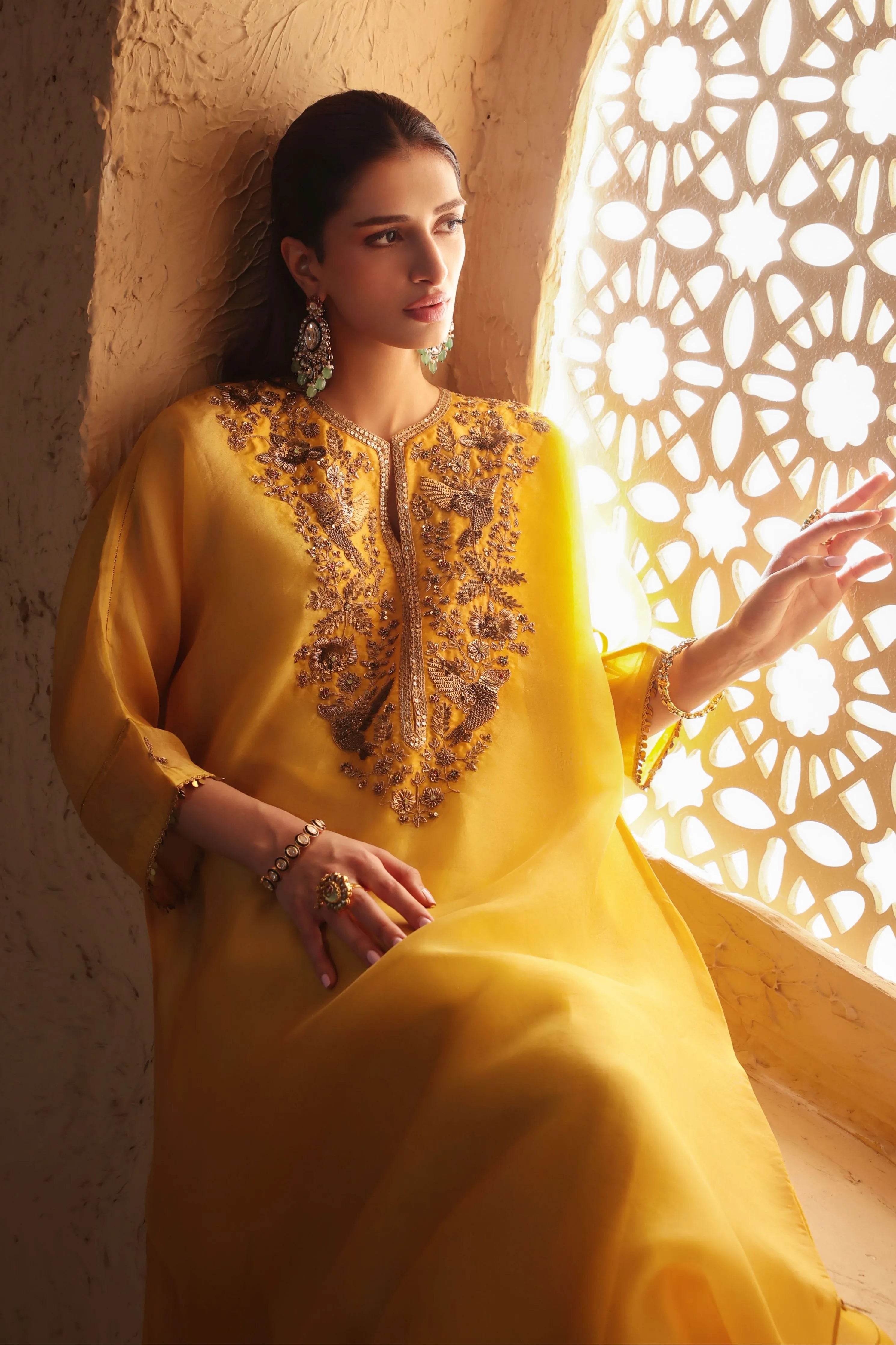 Mehrang Yellow Kaftan Kurta Set