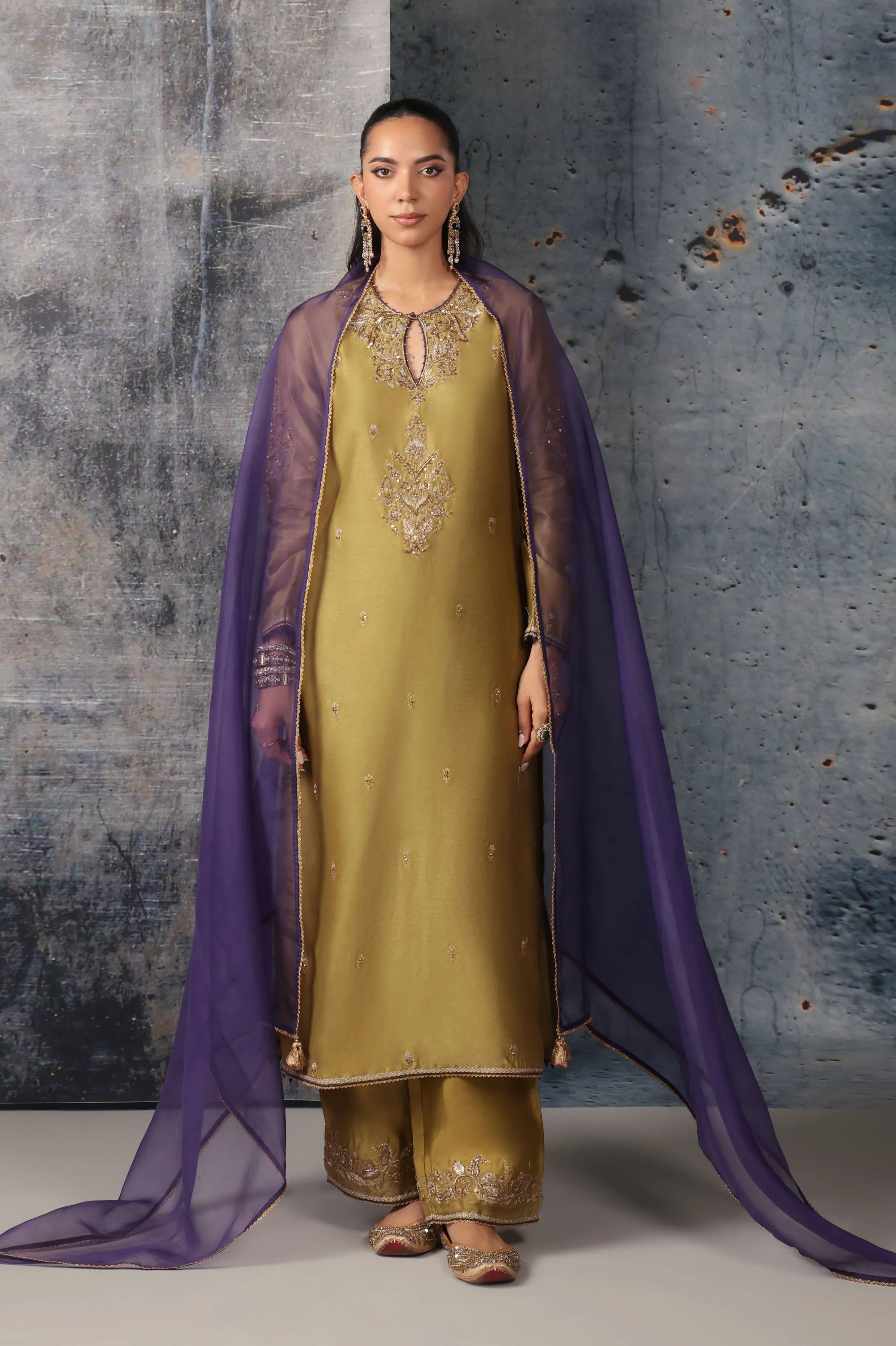 Mehrang Olive Green Straight Long Kurta Set