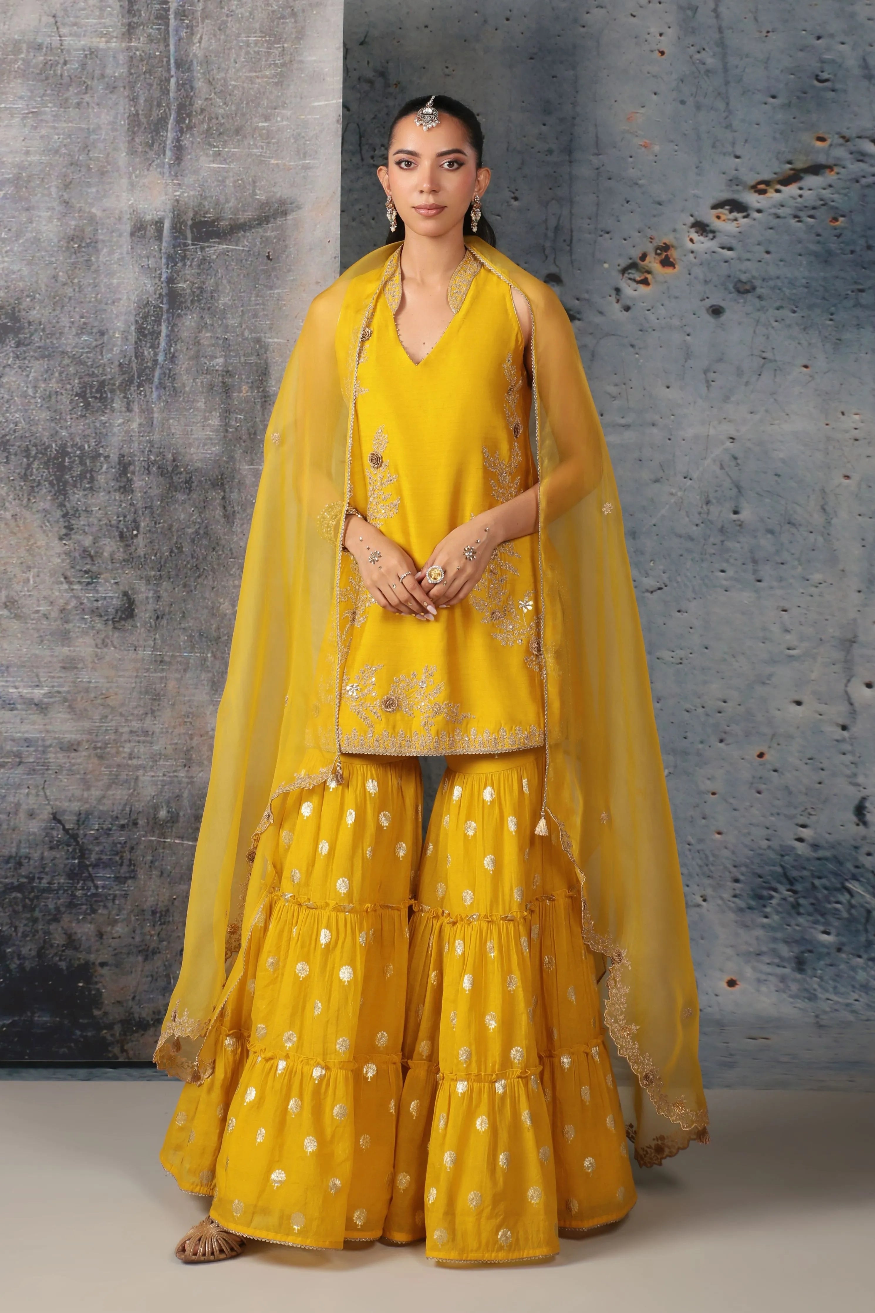 Mehrang Yellow Sleeveless Sharara Set