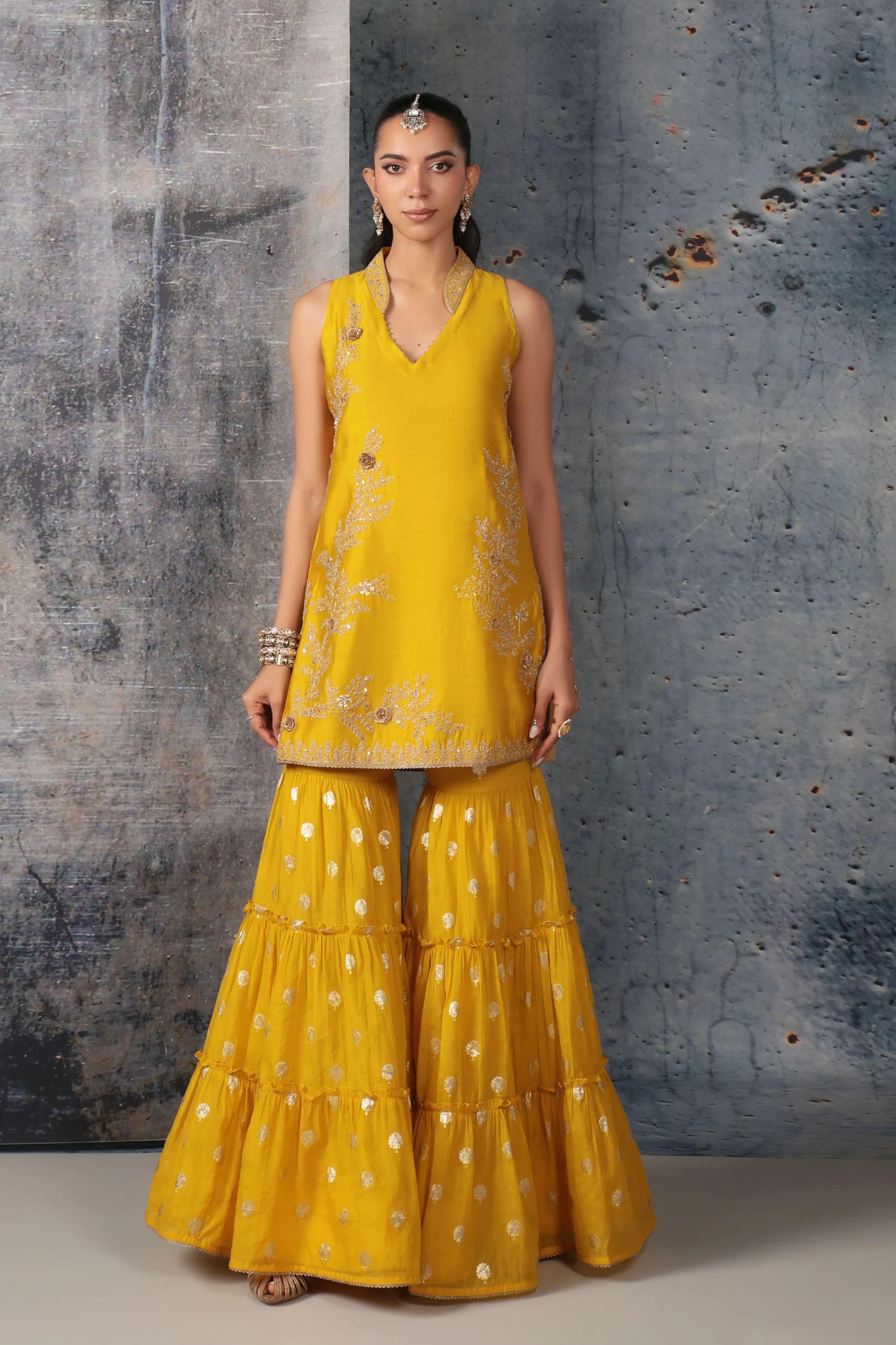 Mehrang Yellow Sleeveless Sharara Set