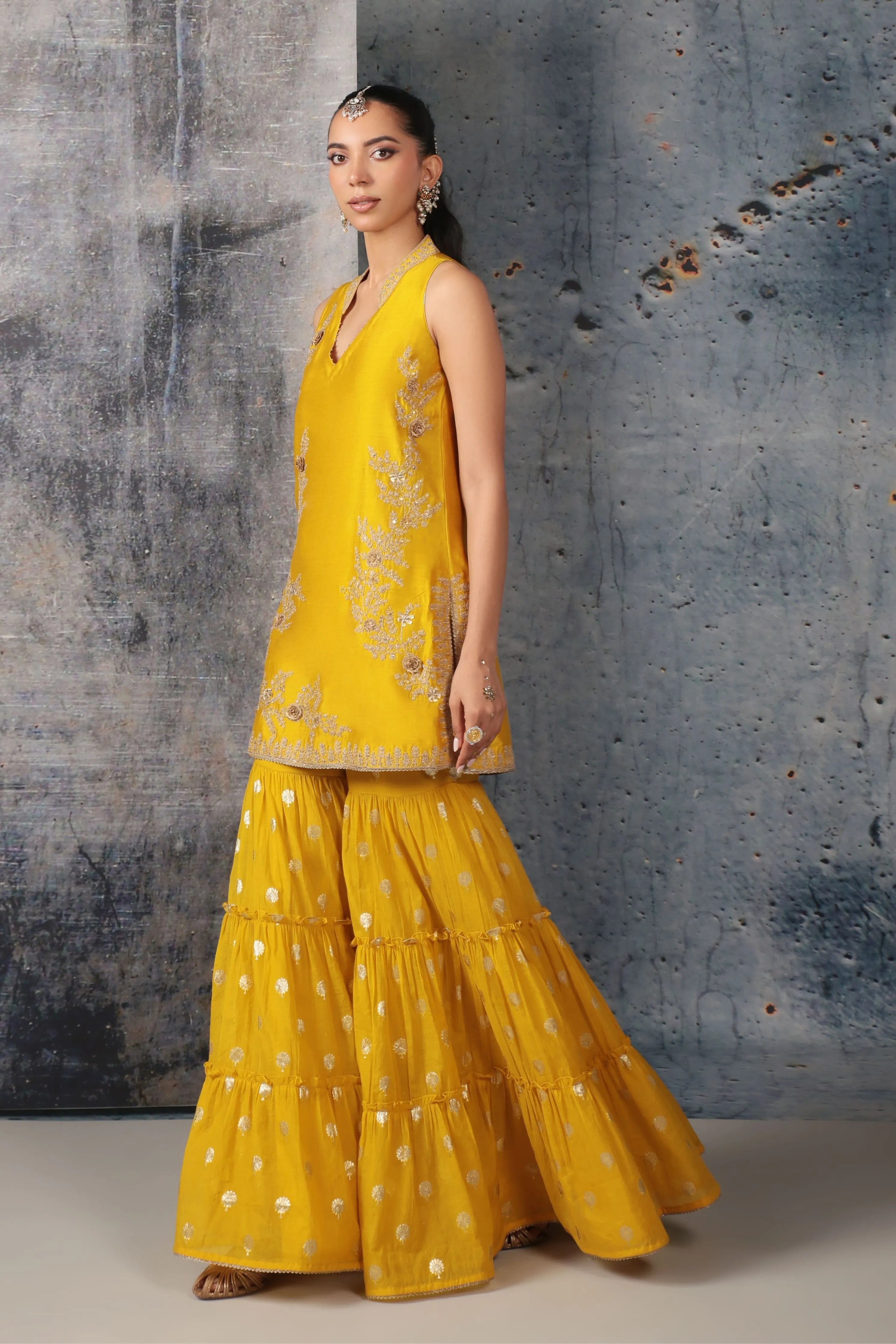 Mehrang Yellow Sleeveless Sharara Set