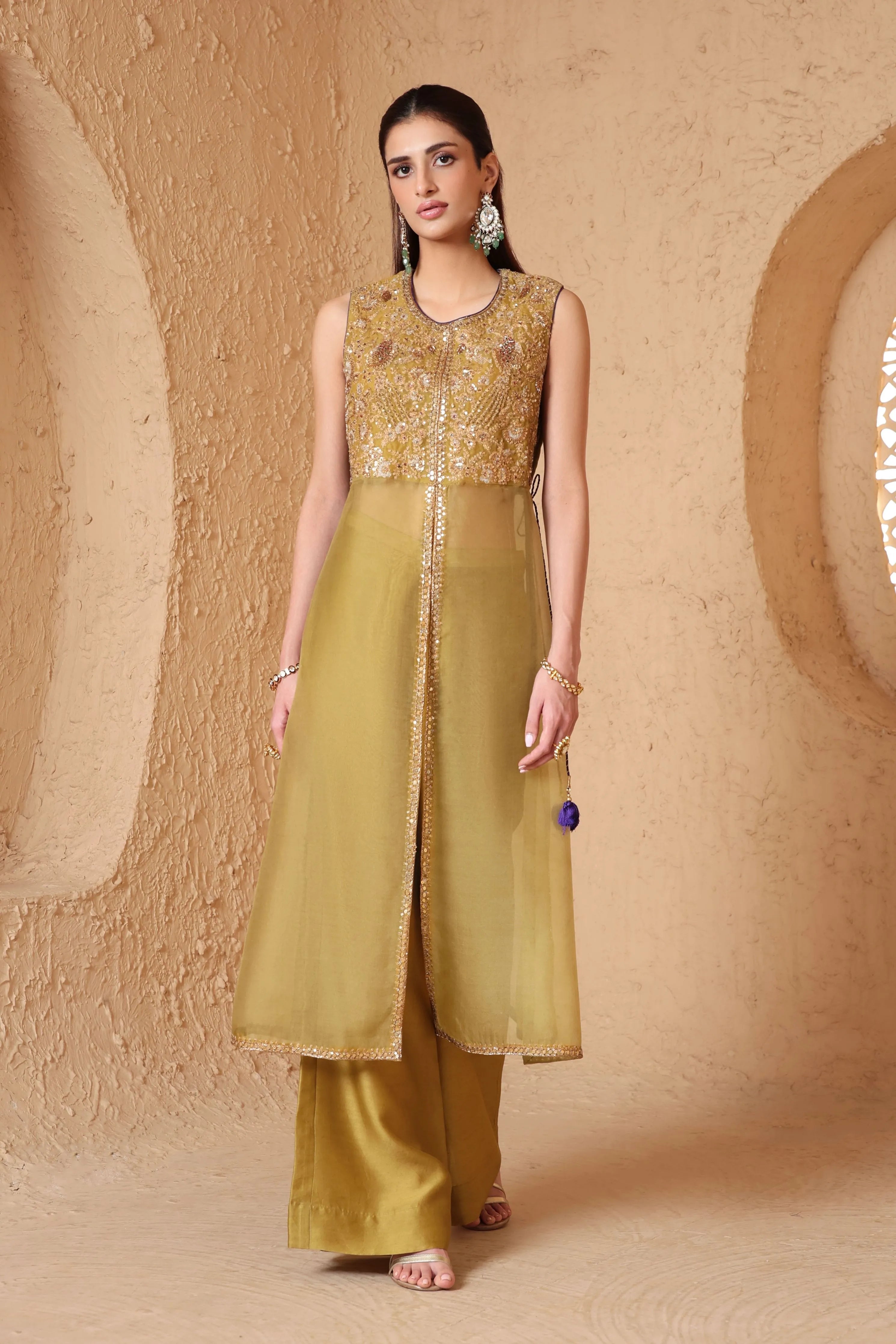 Mehrang Olive Green Tie-up Sleeveless Kurta Set