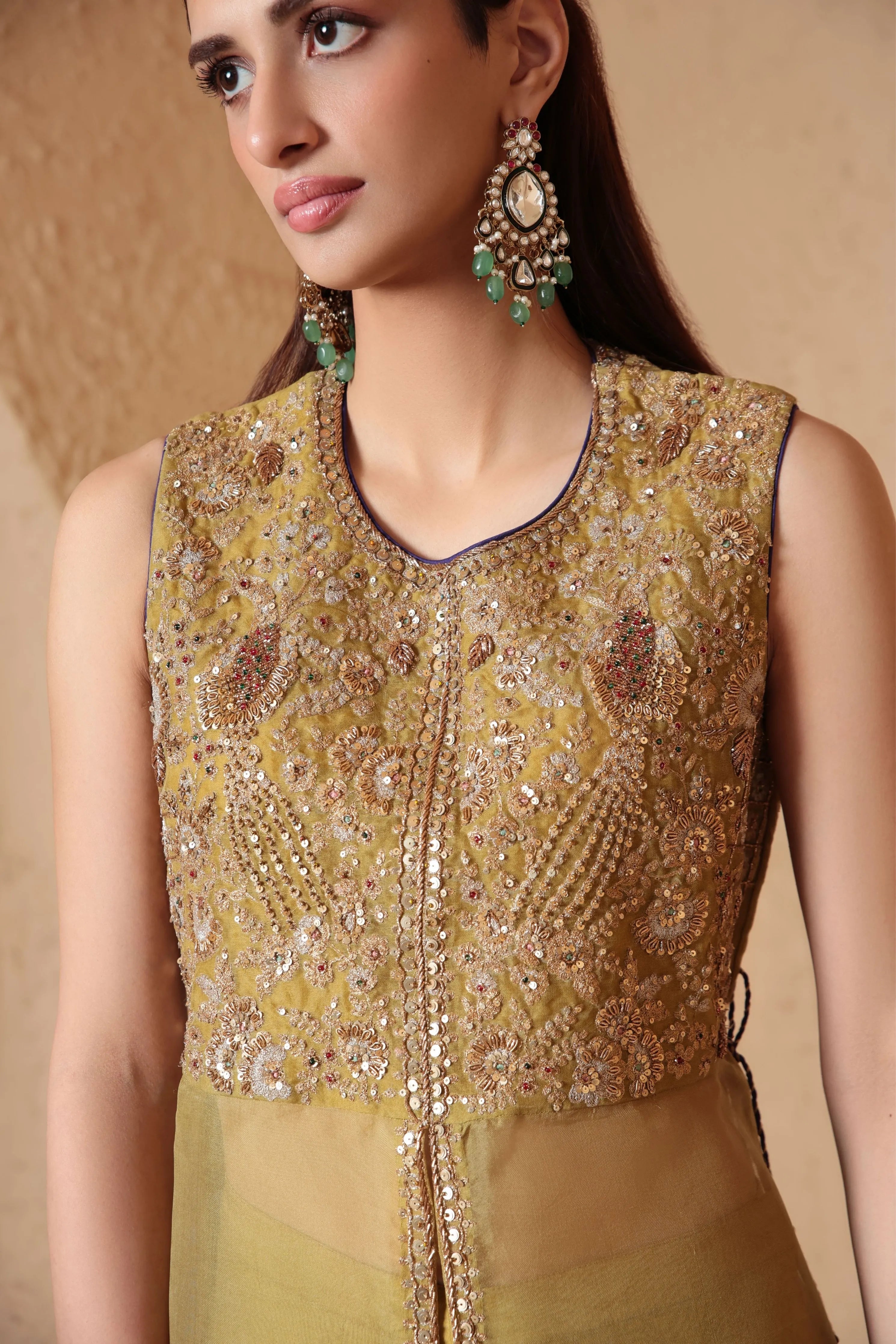 Mehrang Olive Green Tie-up Sleeveless Kurta Set
