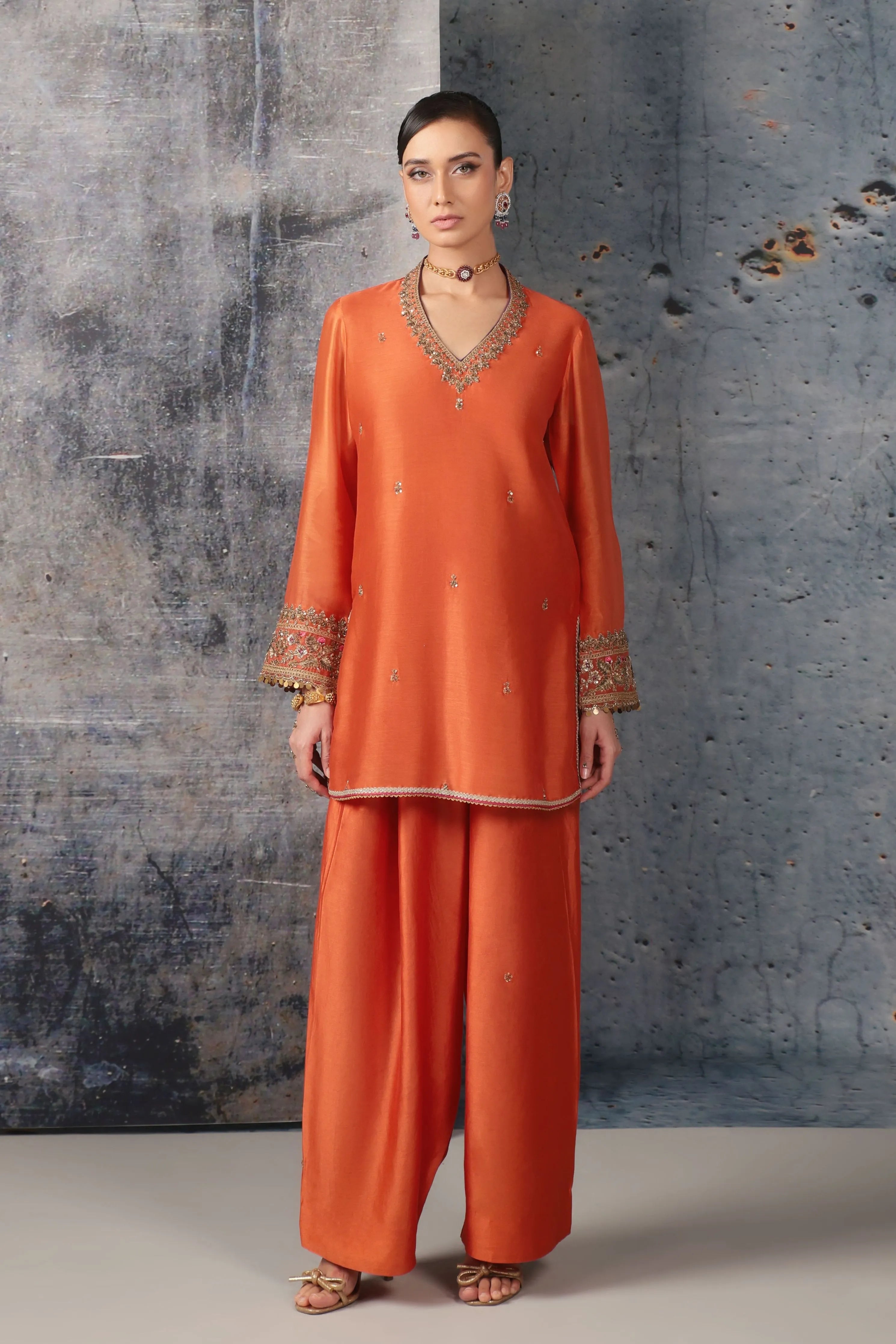Mehrang Orange V Neck Short Kurta Set