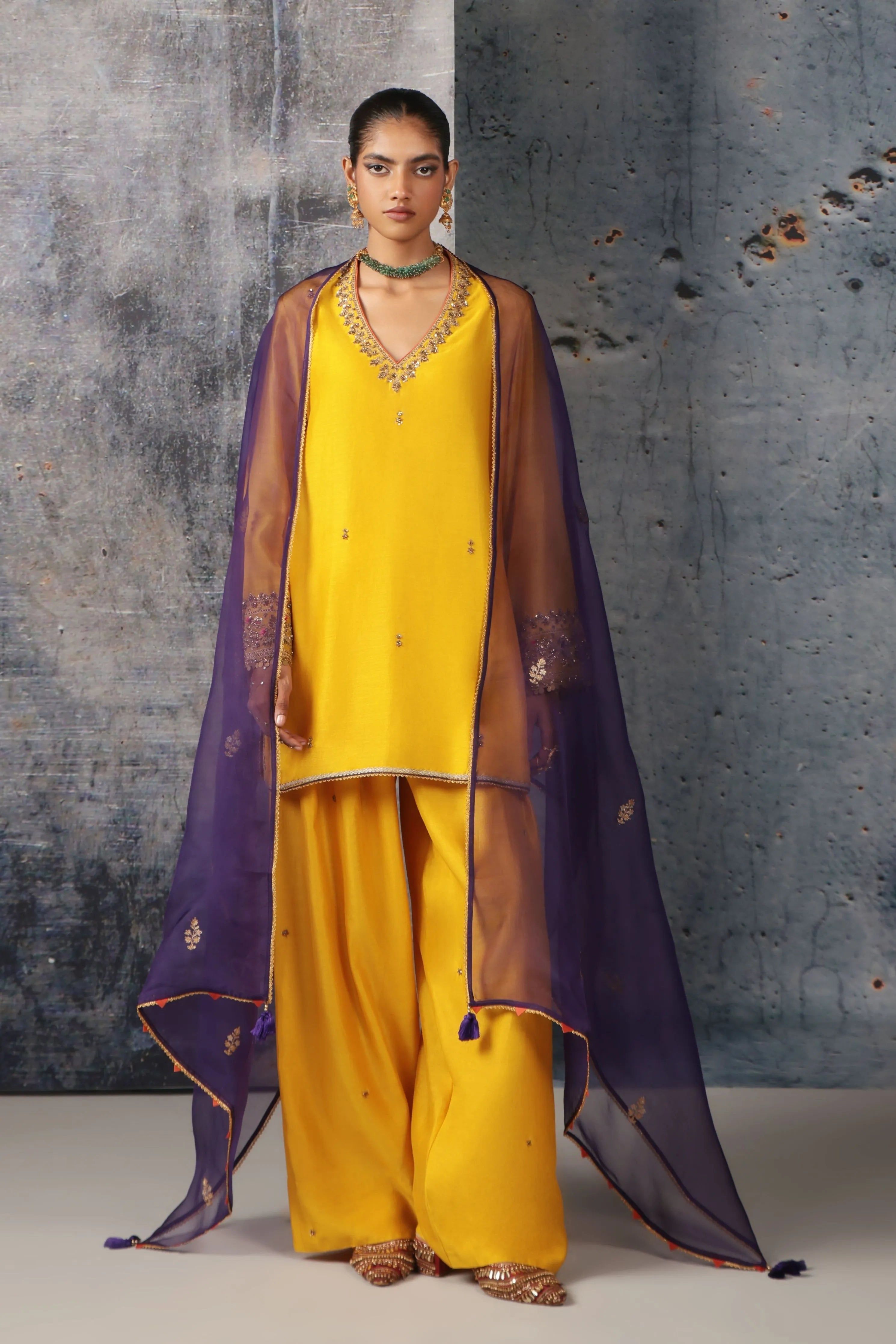 Mehrang Yellow V Neck Short Kurta Set