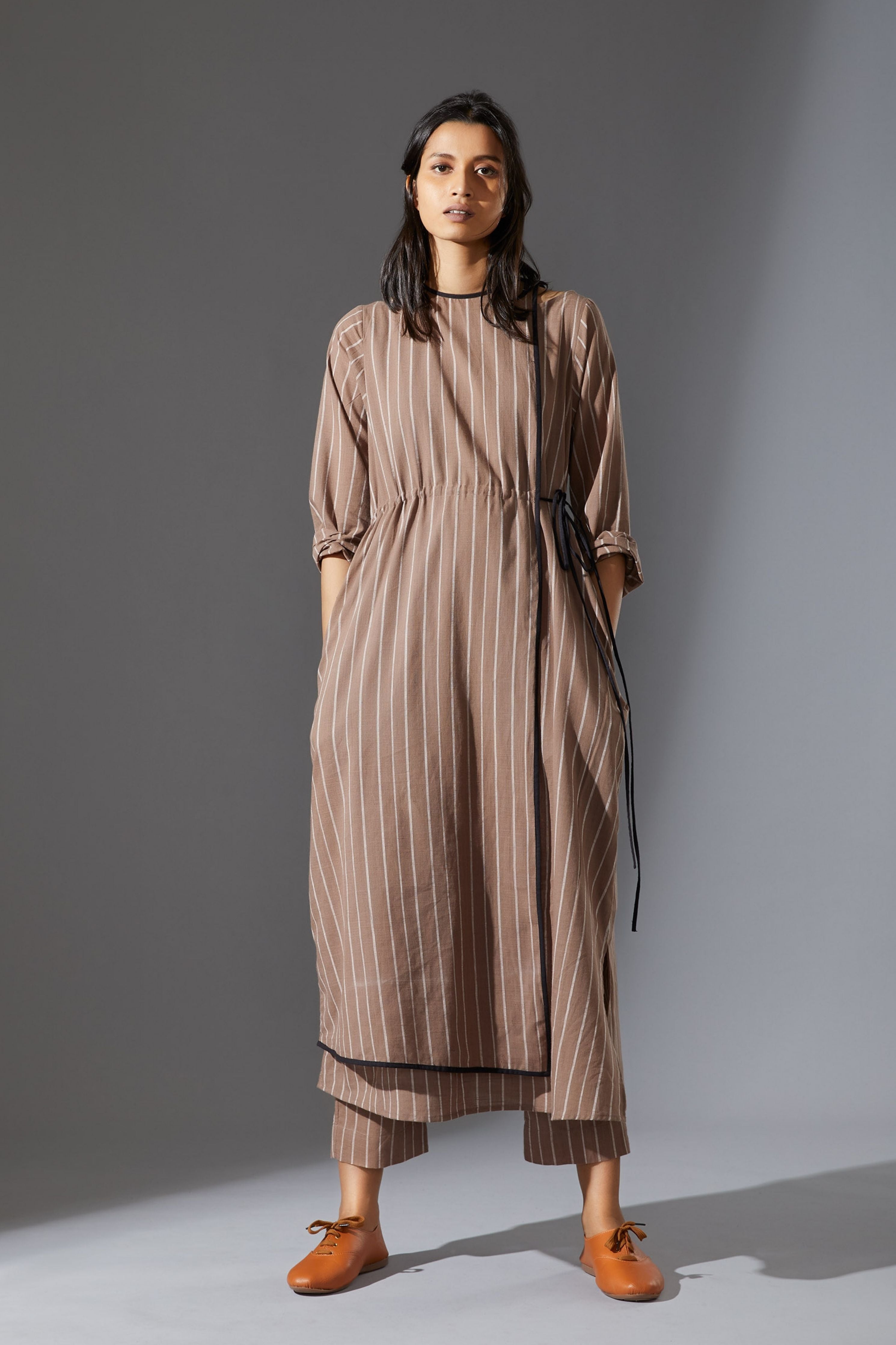 Mati Overlap Beige Striped Tunic Set with Pants