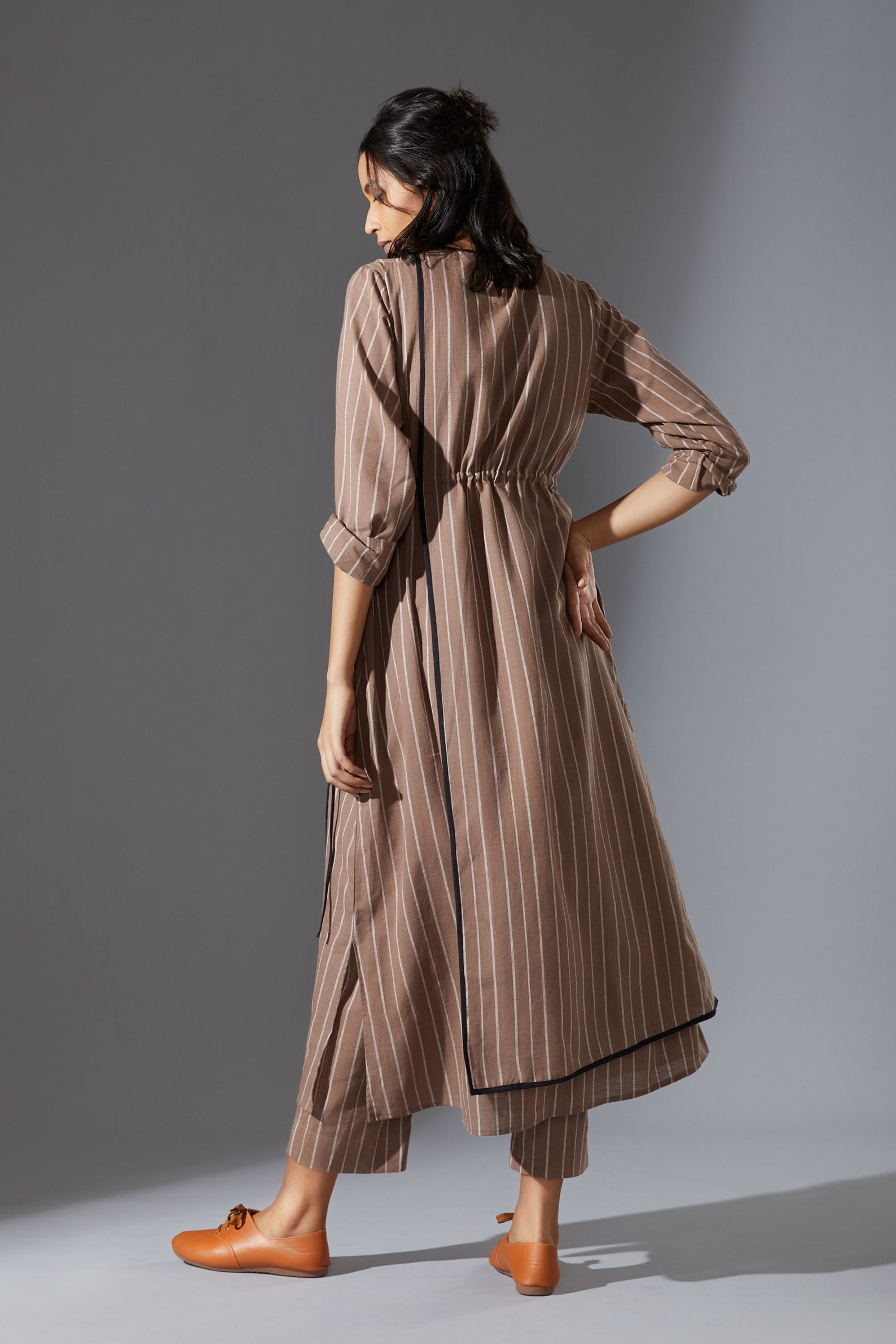 Mati Overlap Beige Striped Tunic Set with Pants