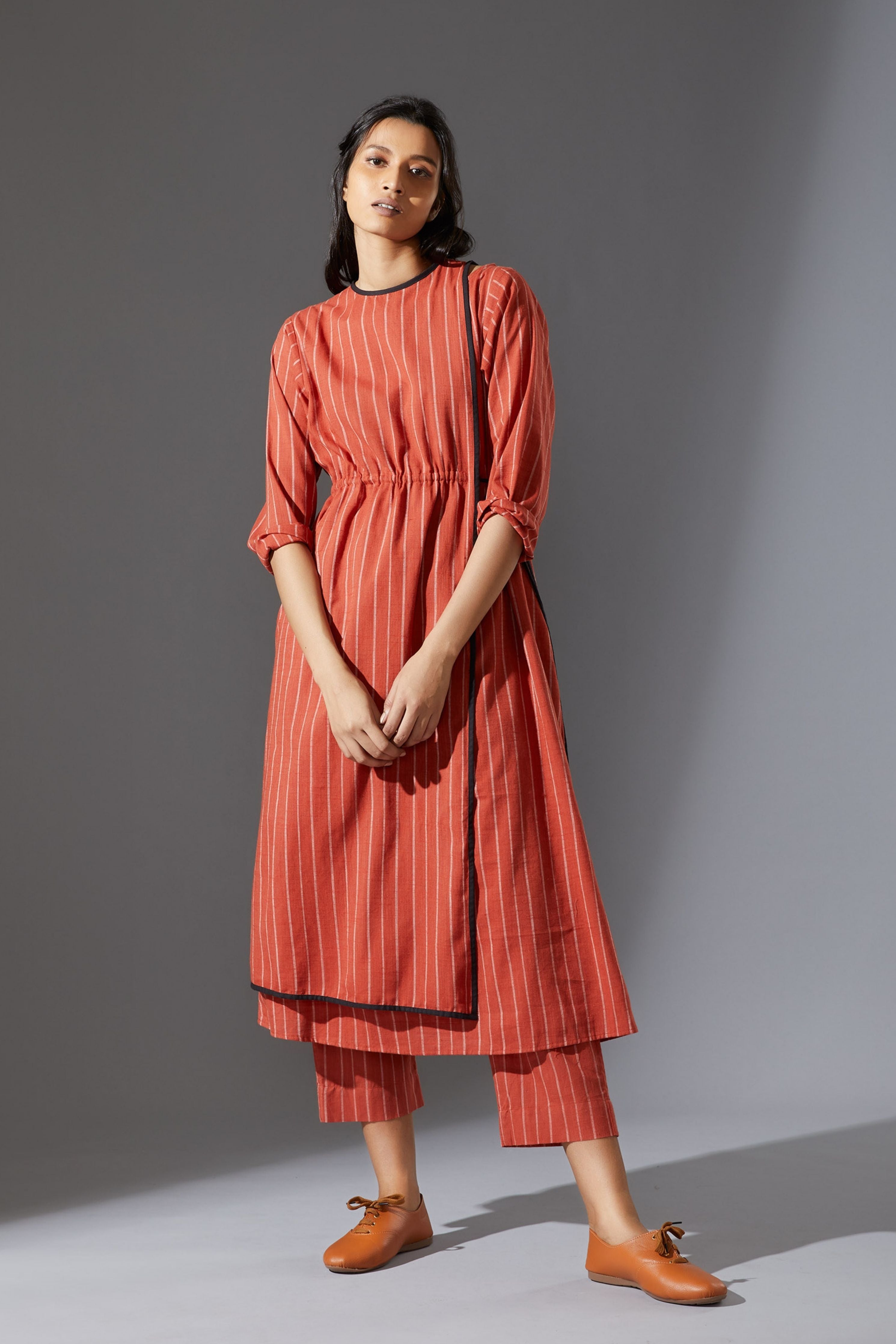 Mati Overlap Rust Striped Tunic Set with Pants