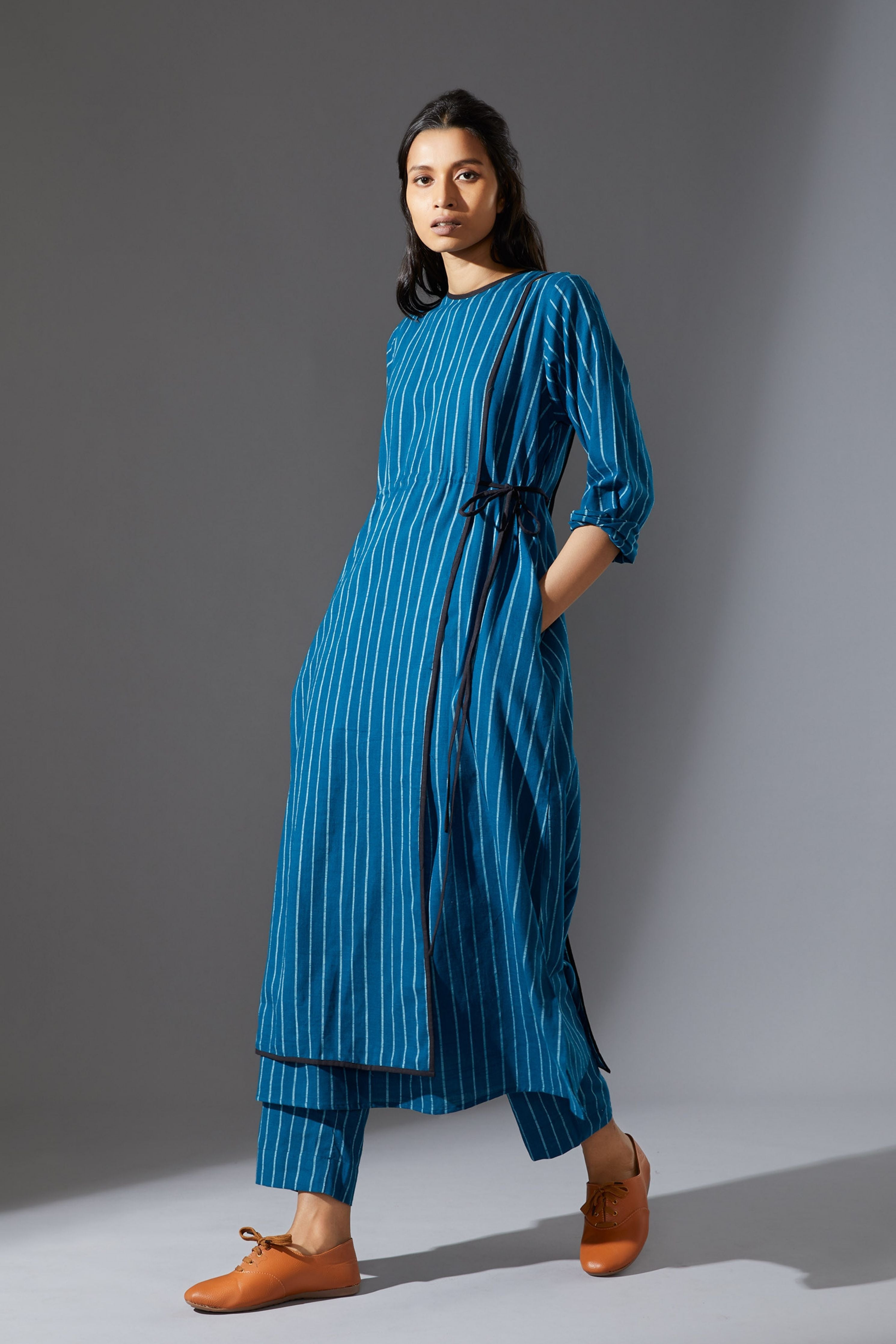 Mati Overlap Blue Striped Tunic Set with Pants