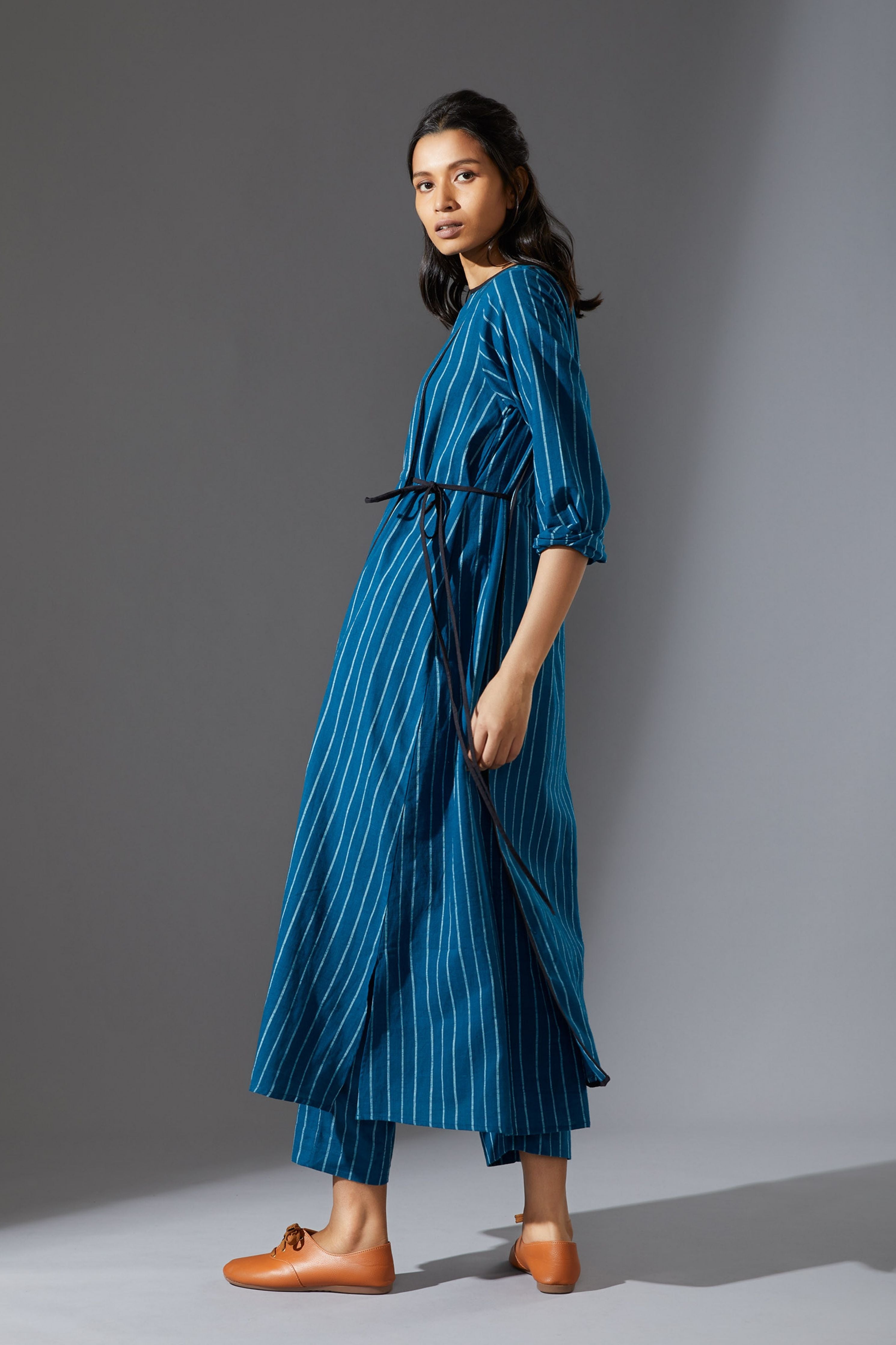 Mati Overlap Blue Striped Tunic Set with Pants