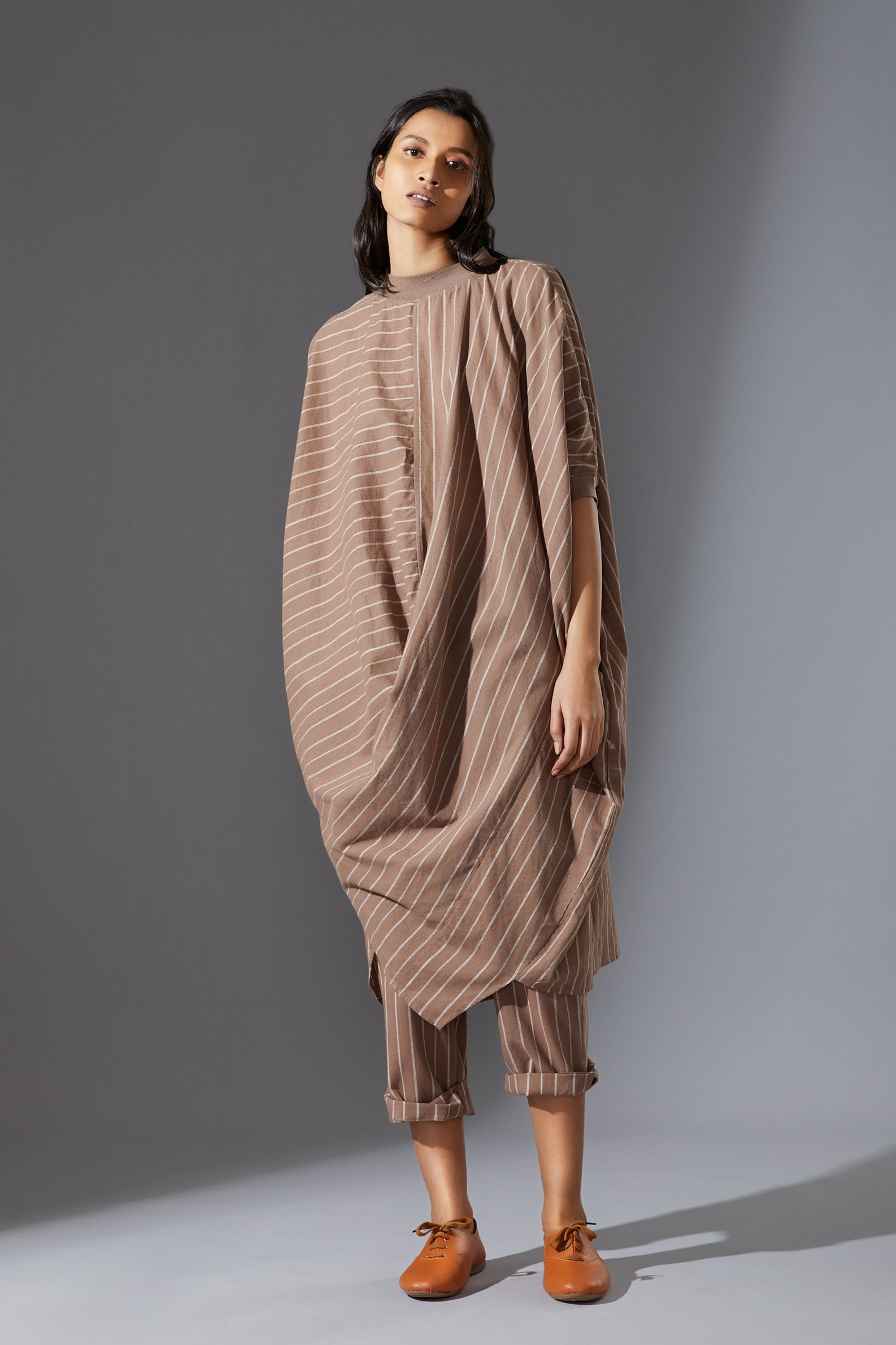 Mati Beige Cowl Tunic With Ribbed Collar