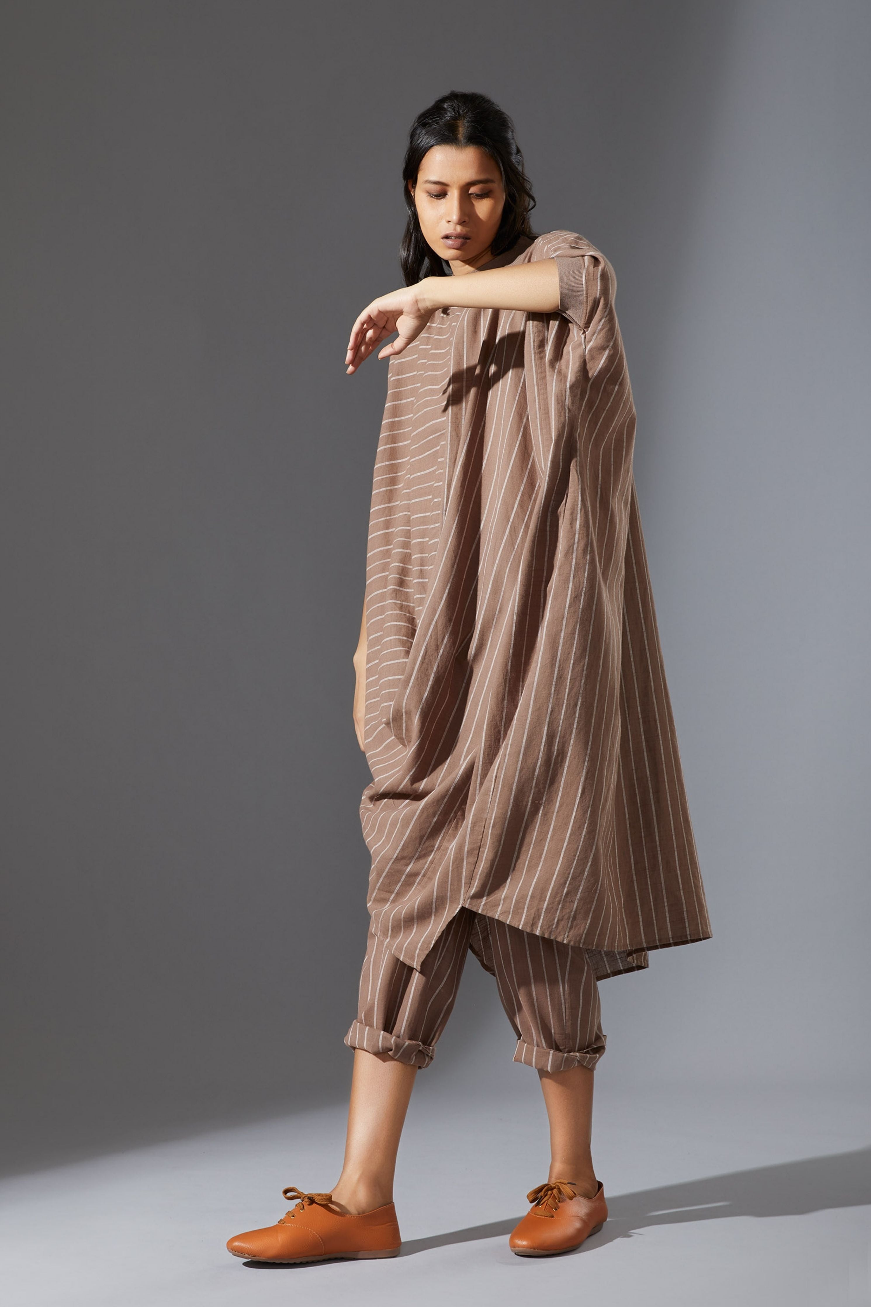 Mati Beige Cowl Tunic With Ribbed Collar
