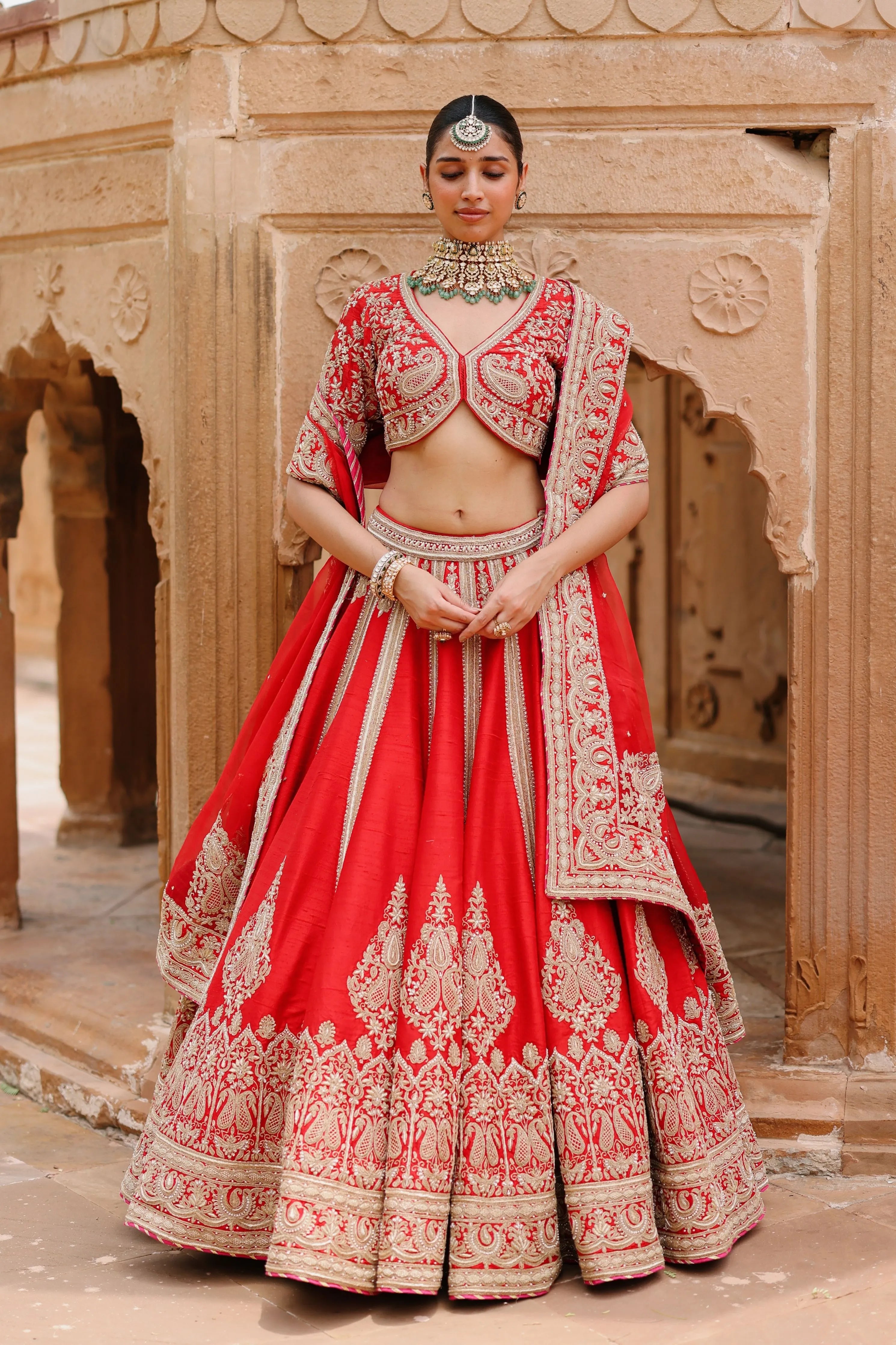 Mahroz  Deep Red Lehenga Set with Blouse & Dupatta