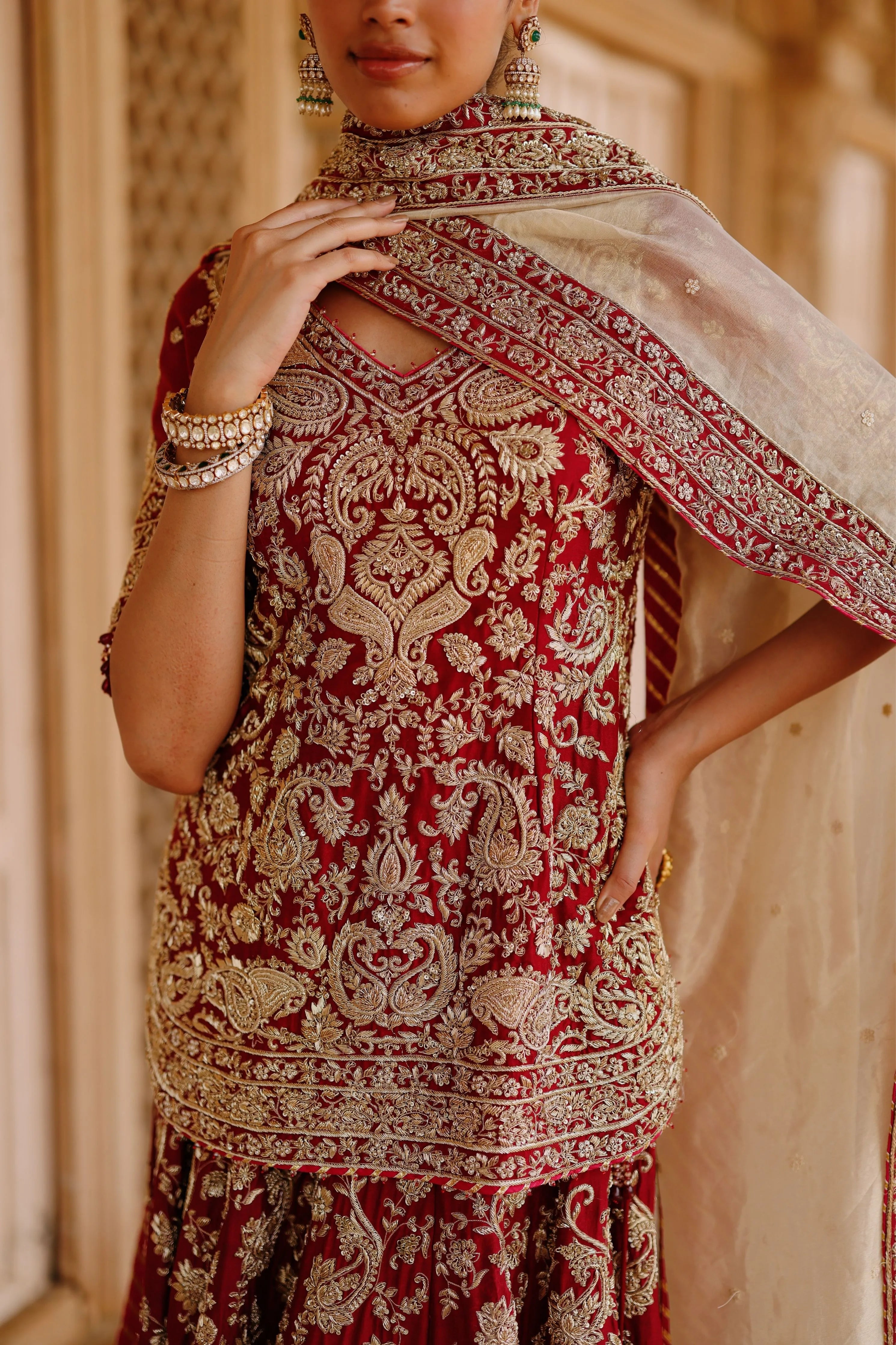 Merab  Deep Red Kurta Set with Lehenga & Dupatta