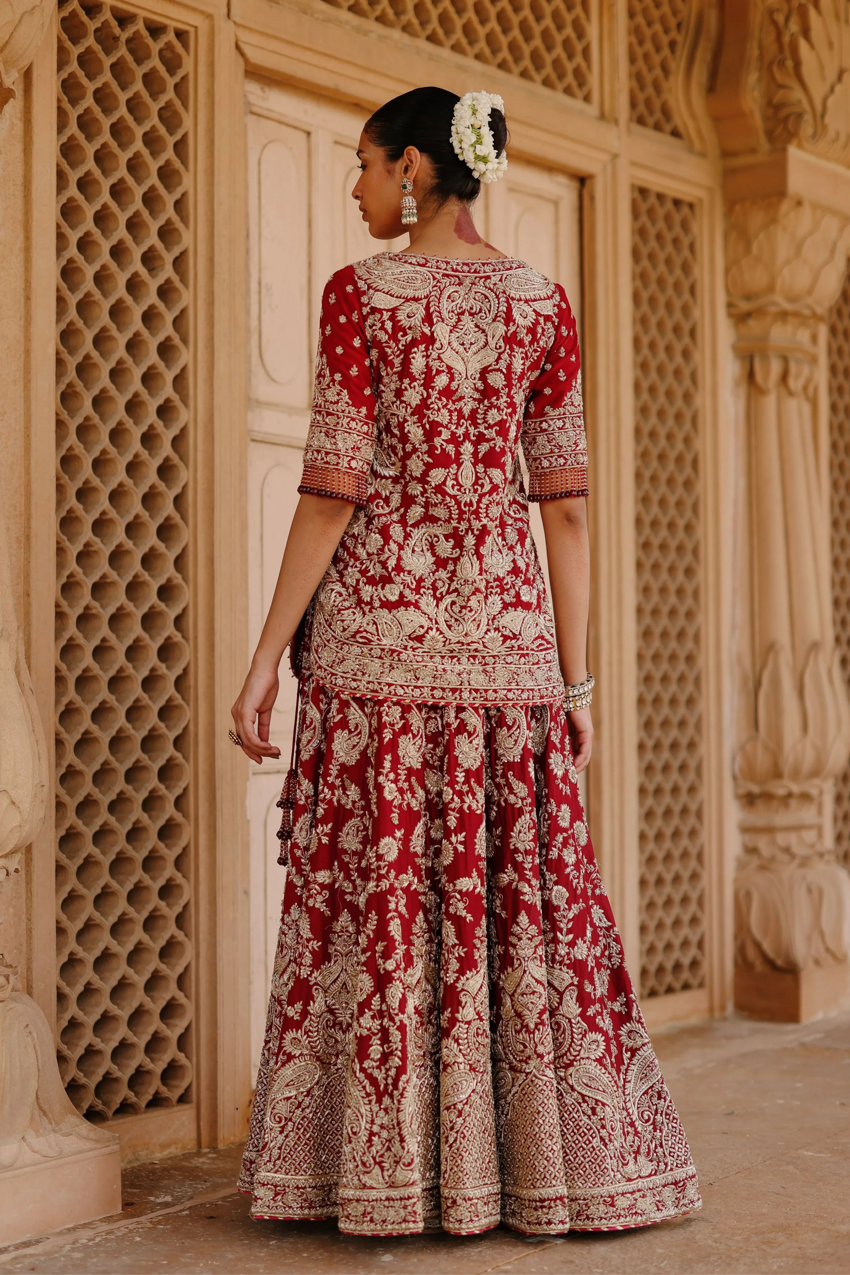 Merab  Deep Red Kurta Set with Lehenga & Dupatta