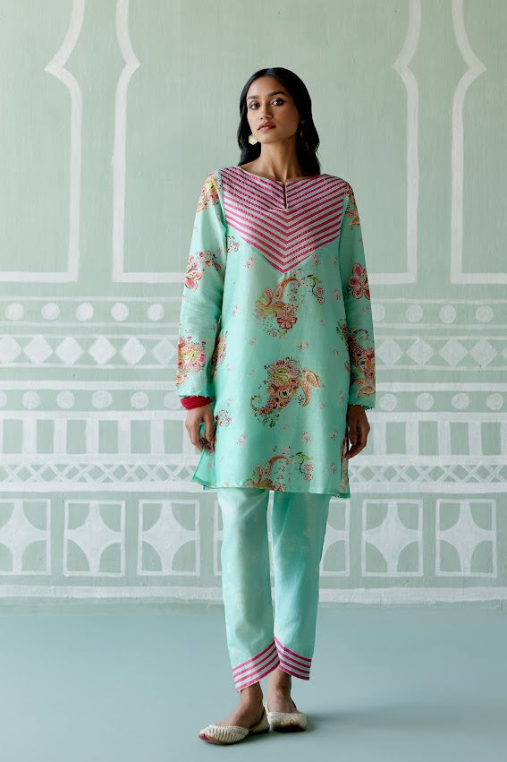Mint & Fuchsia Paisley Kurta Set