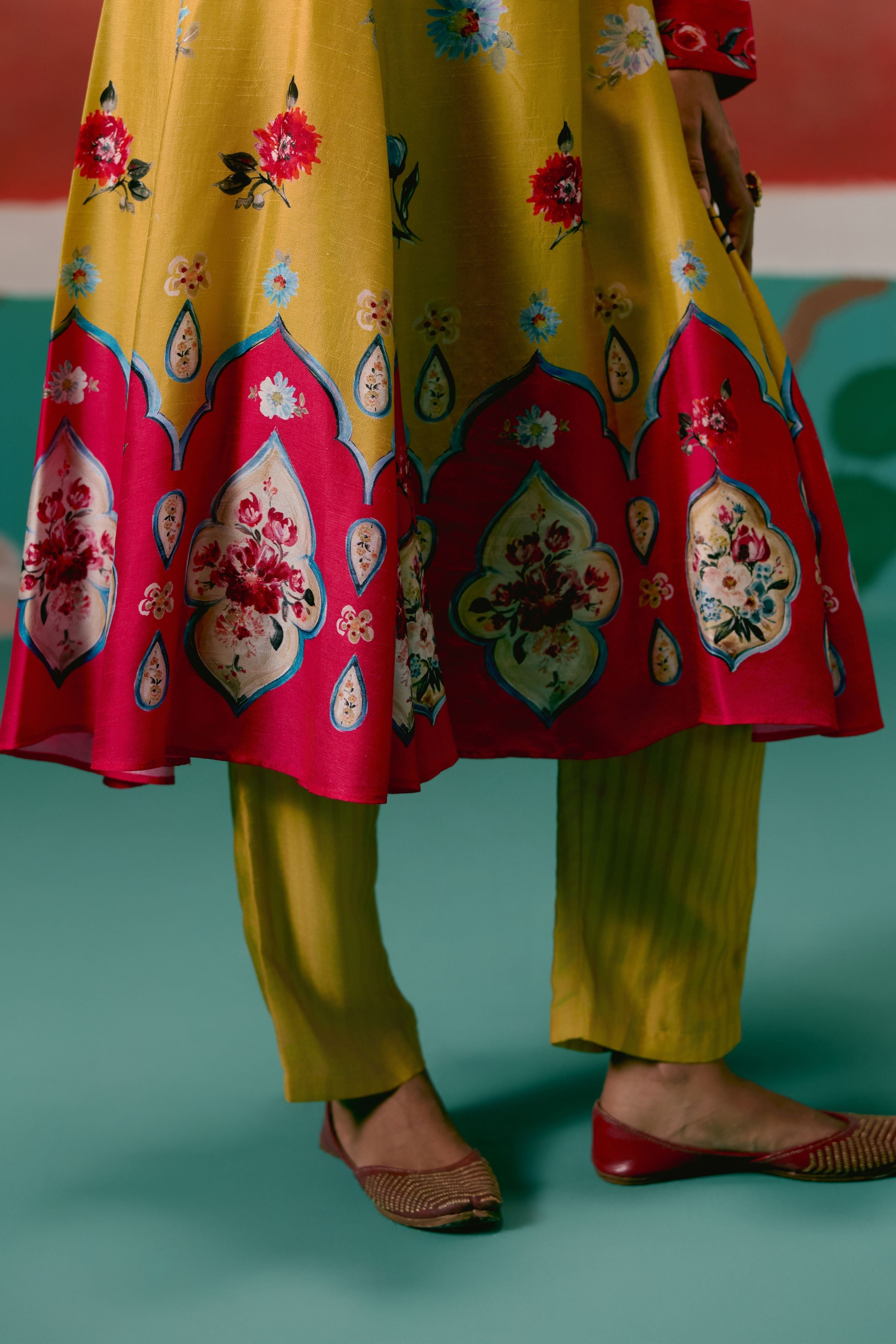 Mustard And Pink Floral Anarkali Set With Dupatta