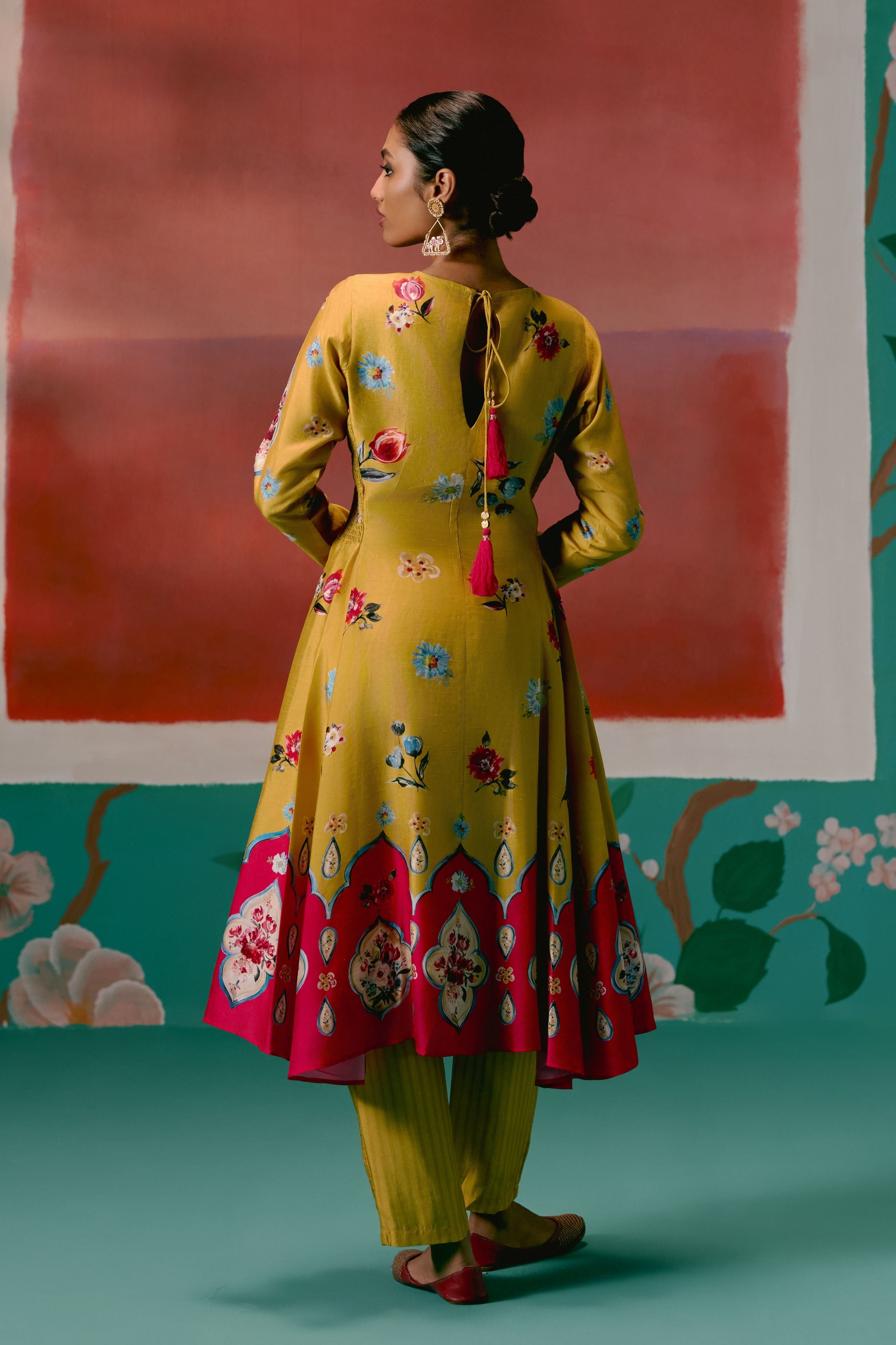 Mustard And Pink Floral Anarkali Set With Dupatta