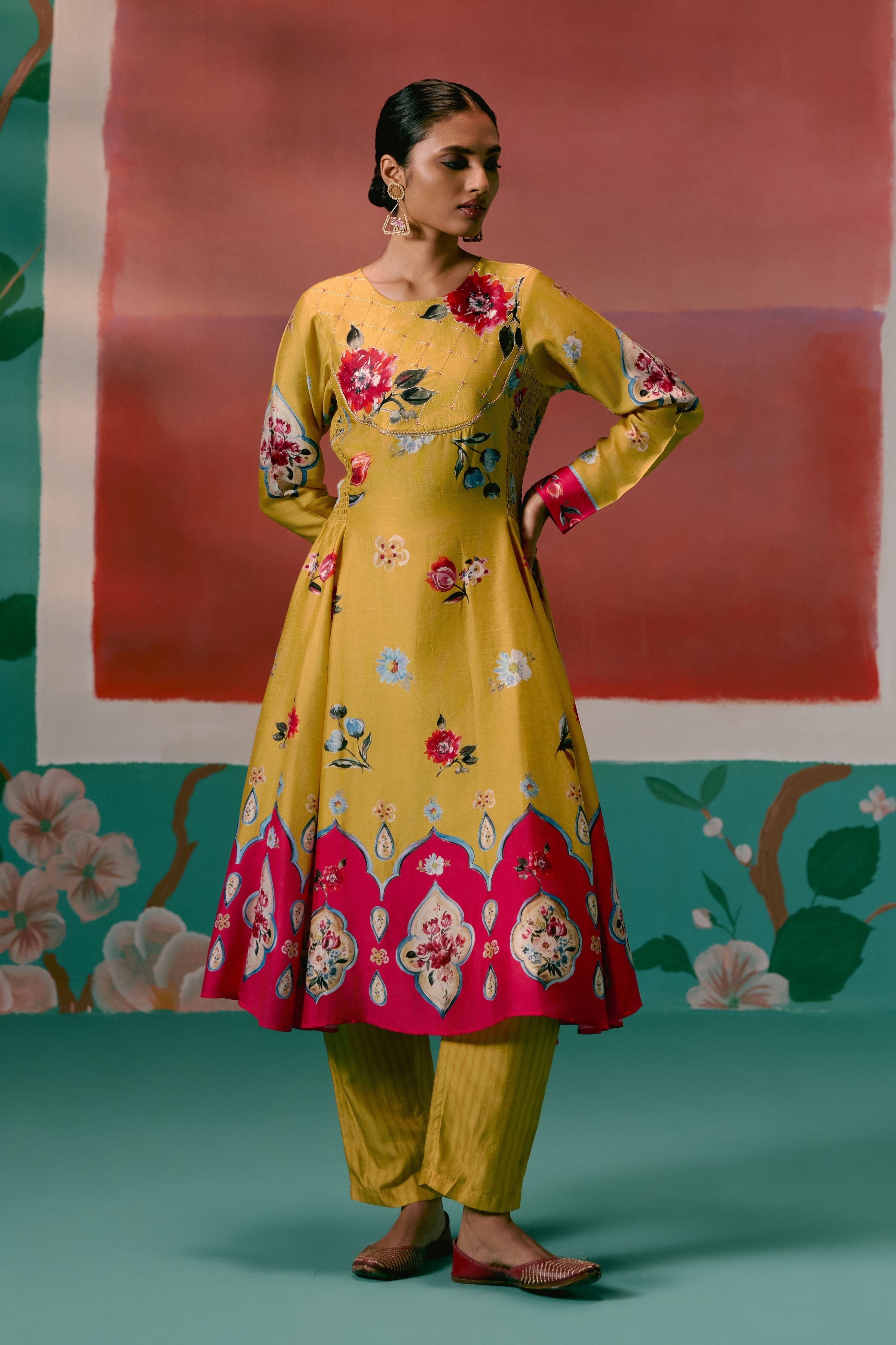 Mustard And Pink Floral Anarkali Set