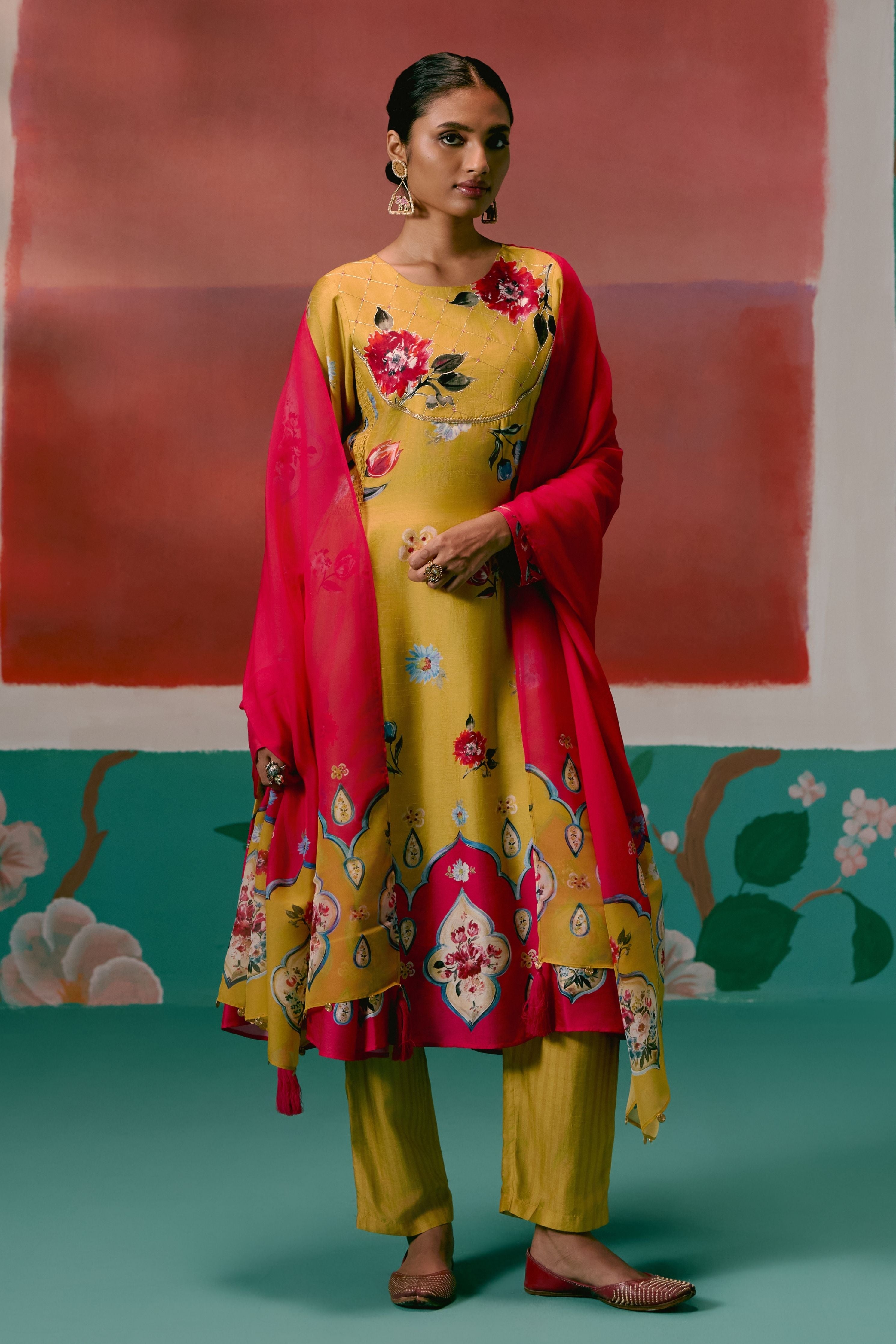 Mustard And Pink Floral Anarkali Set