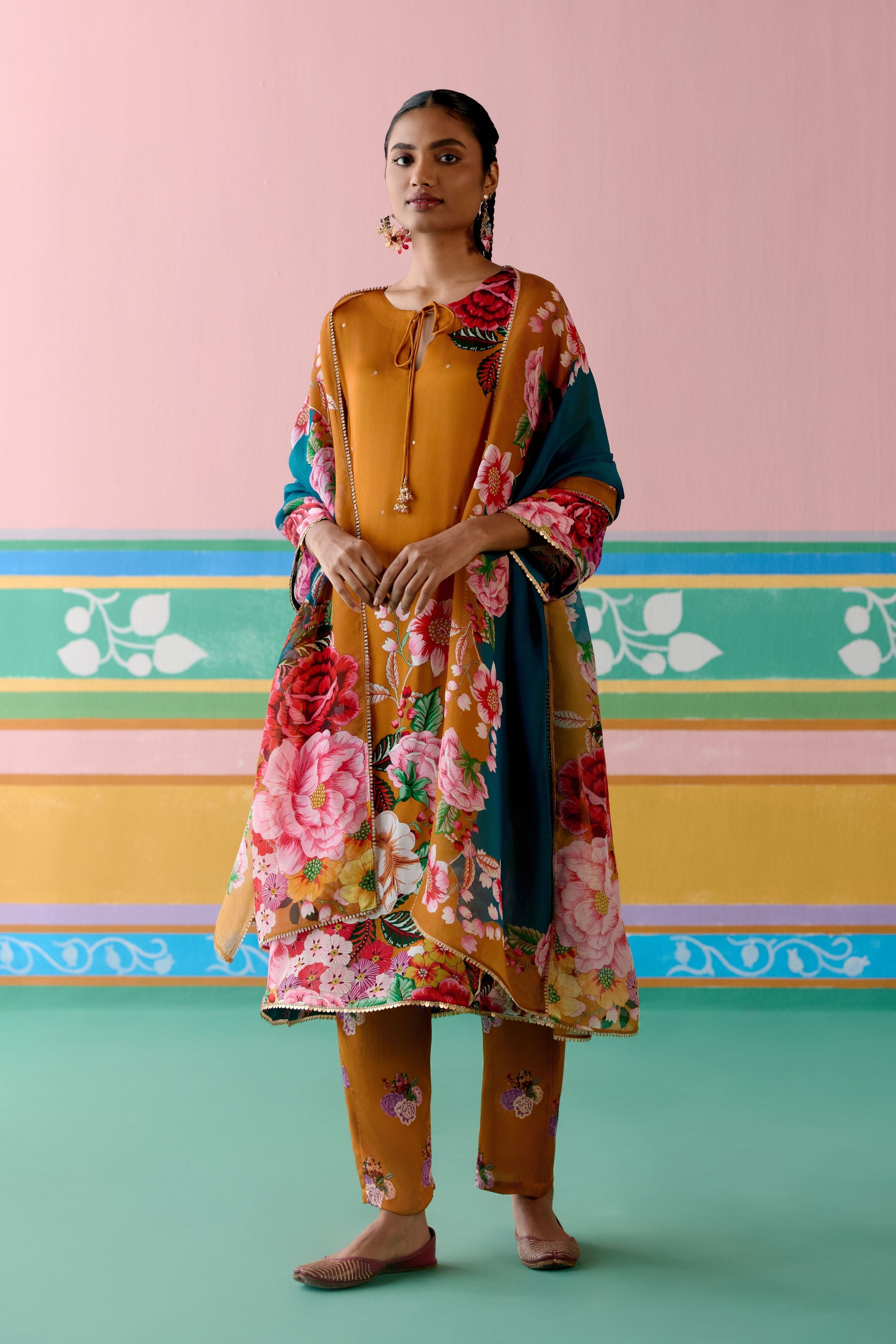 Mustard Floral Kurta with Dupatta