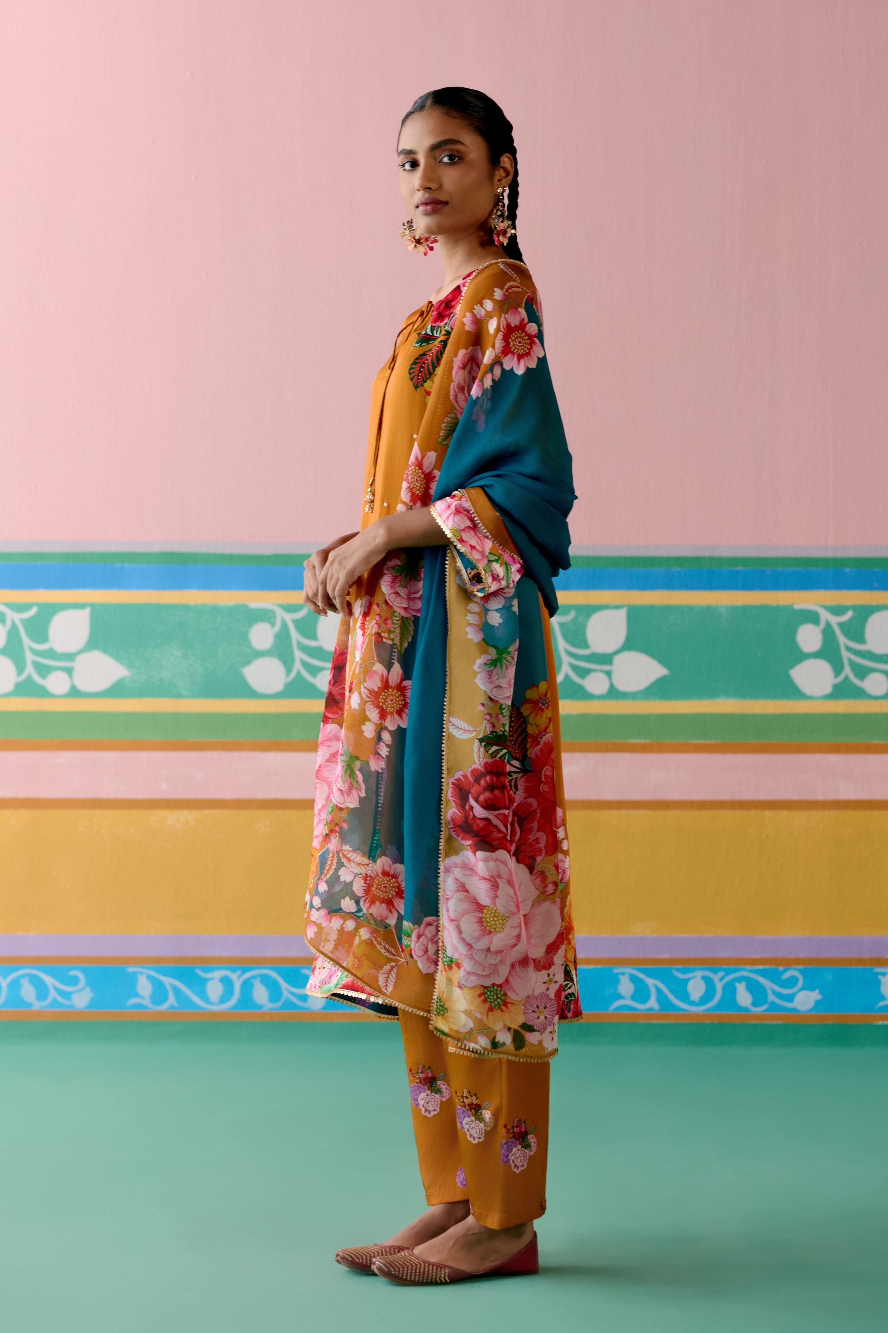Mustard Floral Kurta with Dupatta