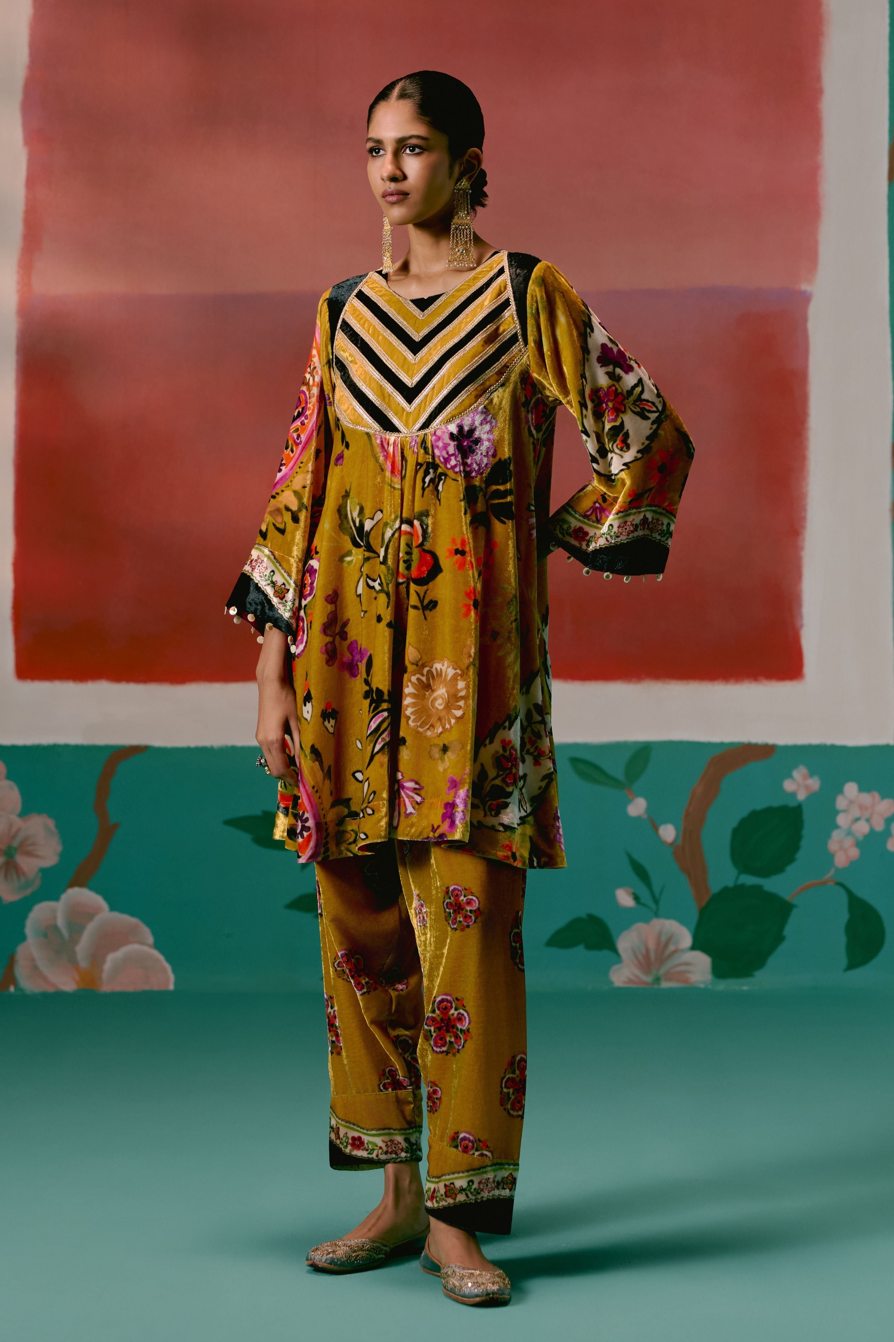 Mustard Floral Velvet Kurta Set