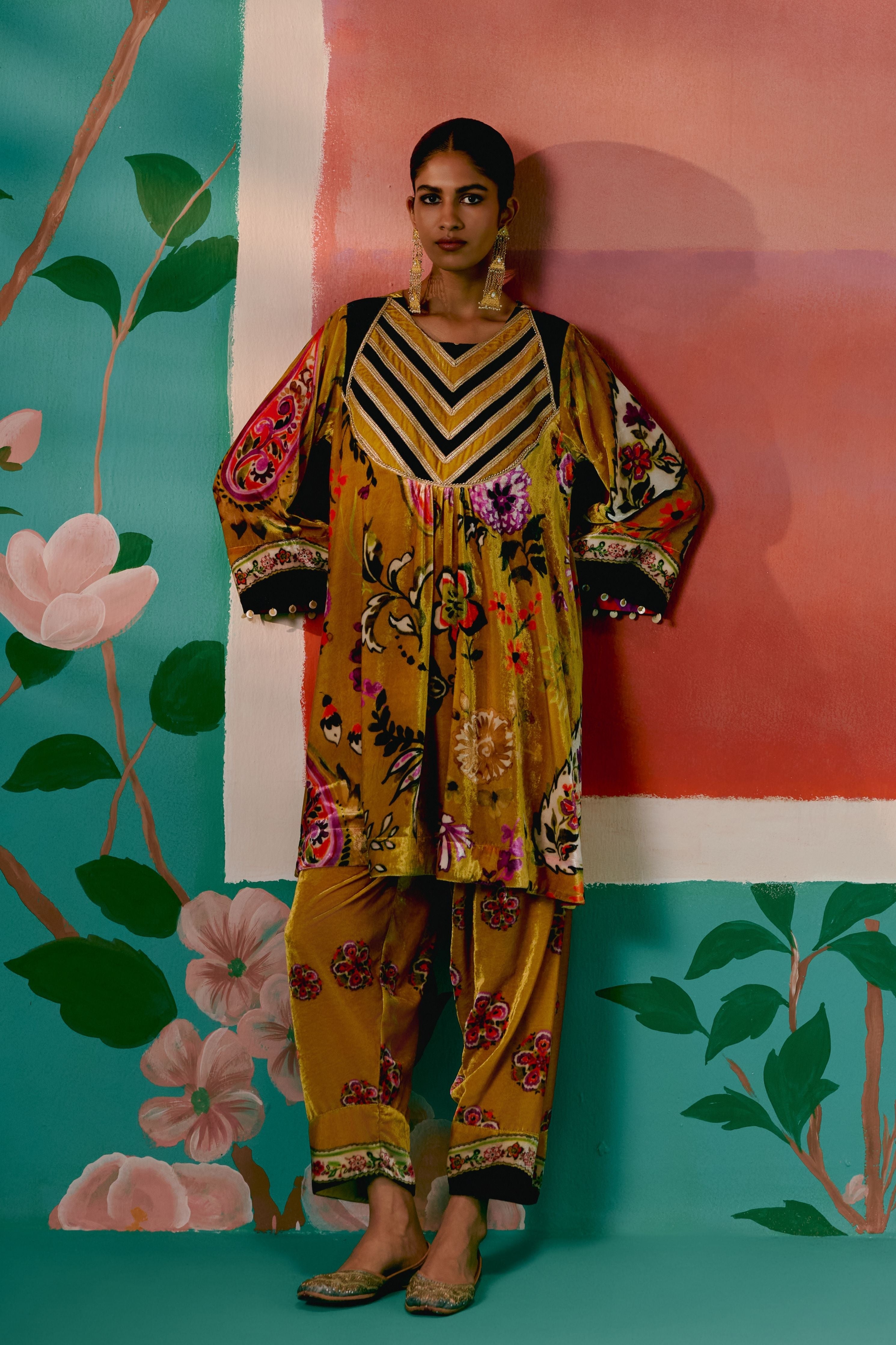 Mustard Floral Velvet Kurta Set