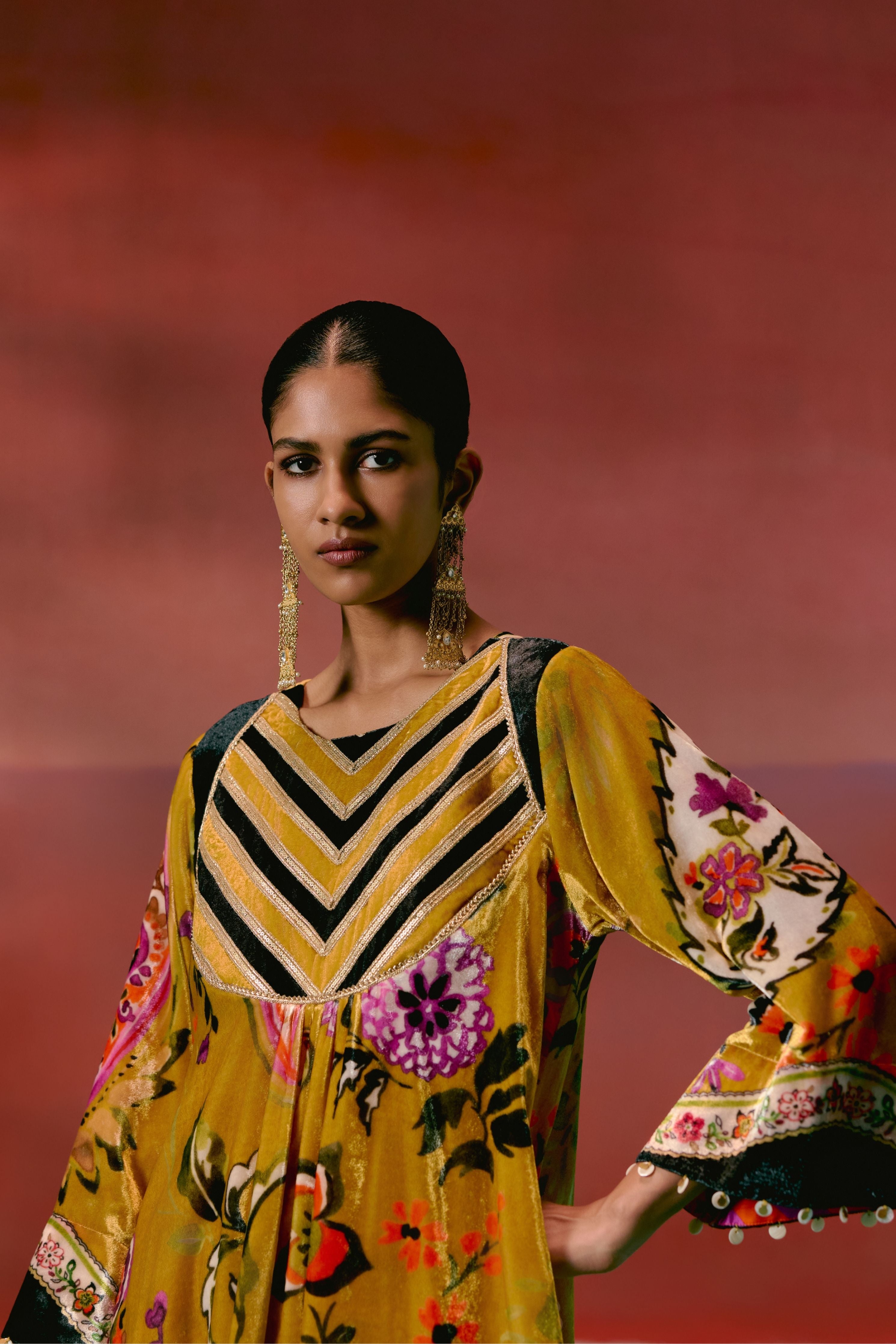 Mustard Floral Velvet Kurta Set