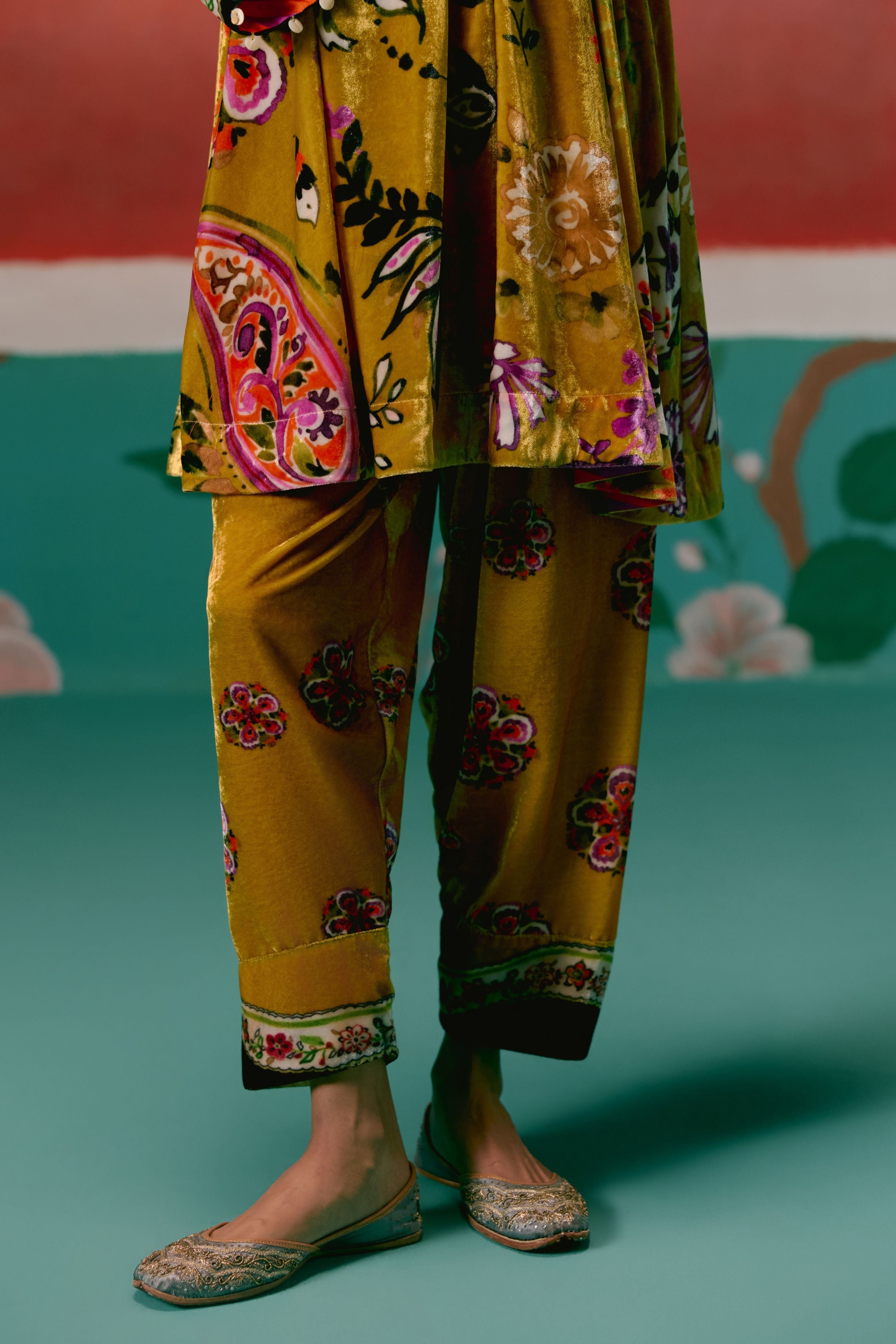 Mustard Floral Velvet Kurta Set