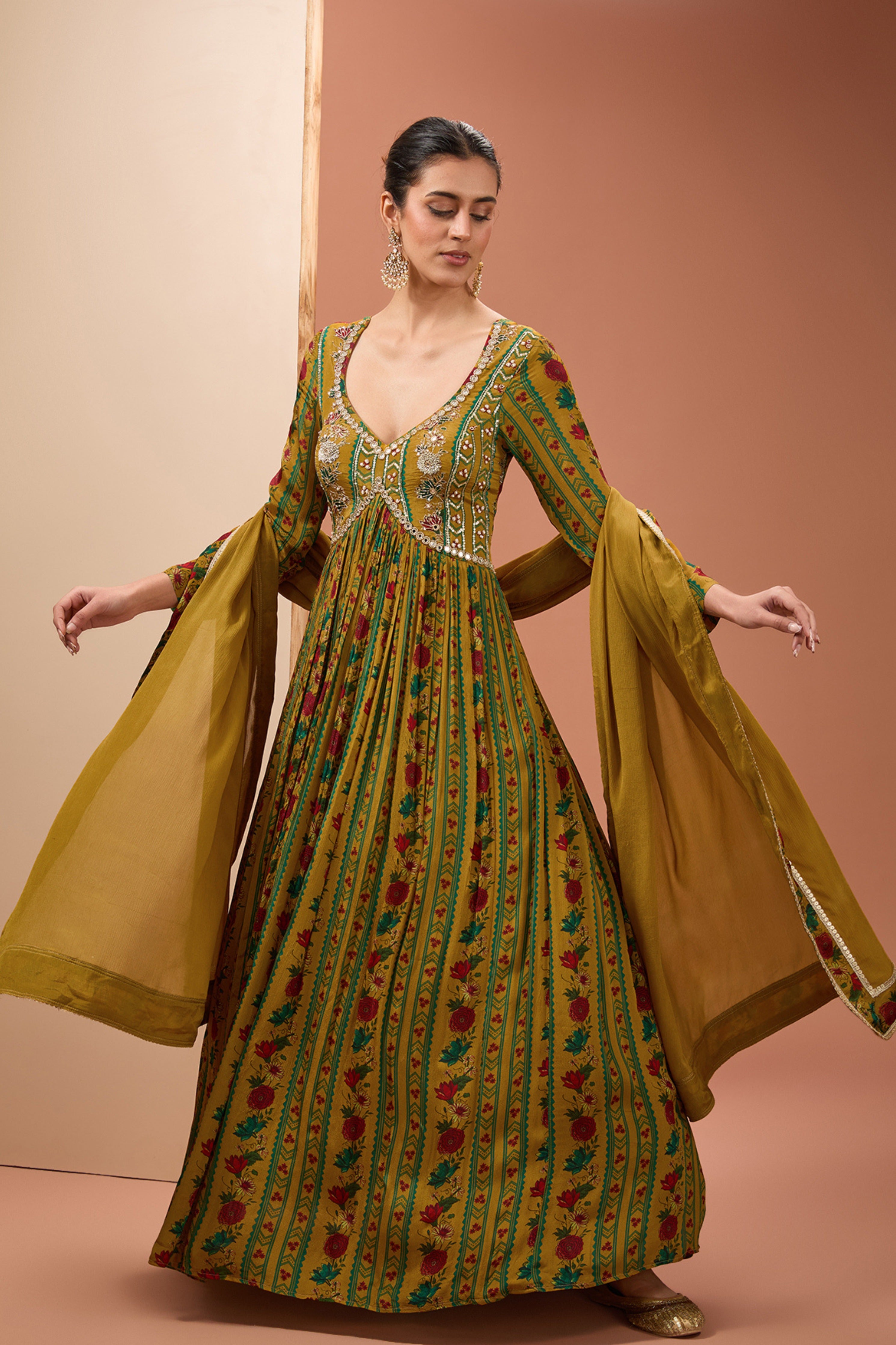 Mustard Printed Anarkali Set