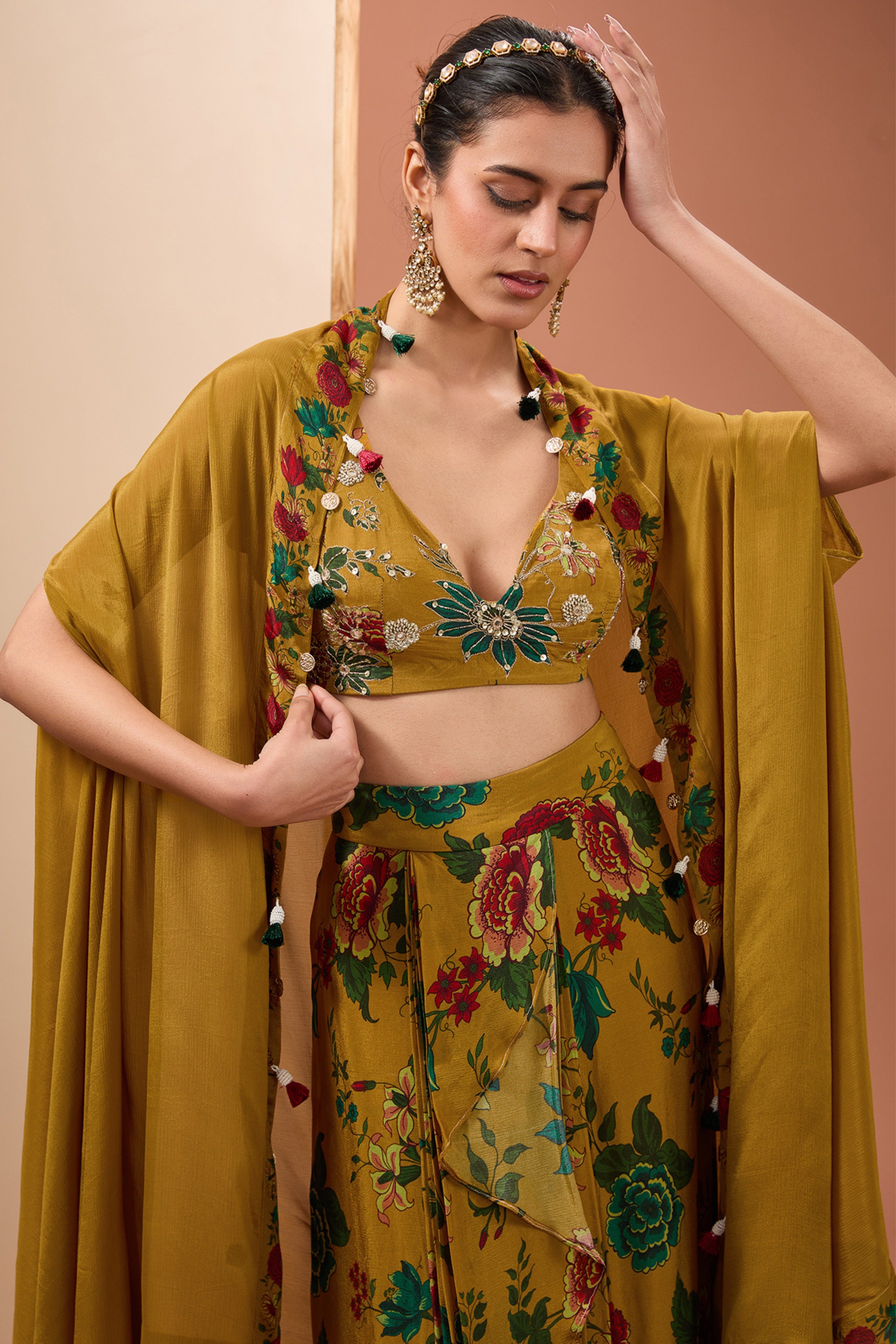 Mustard Printed Cape Set