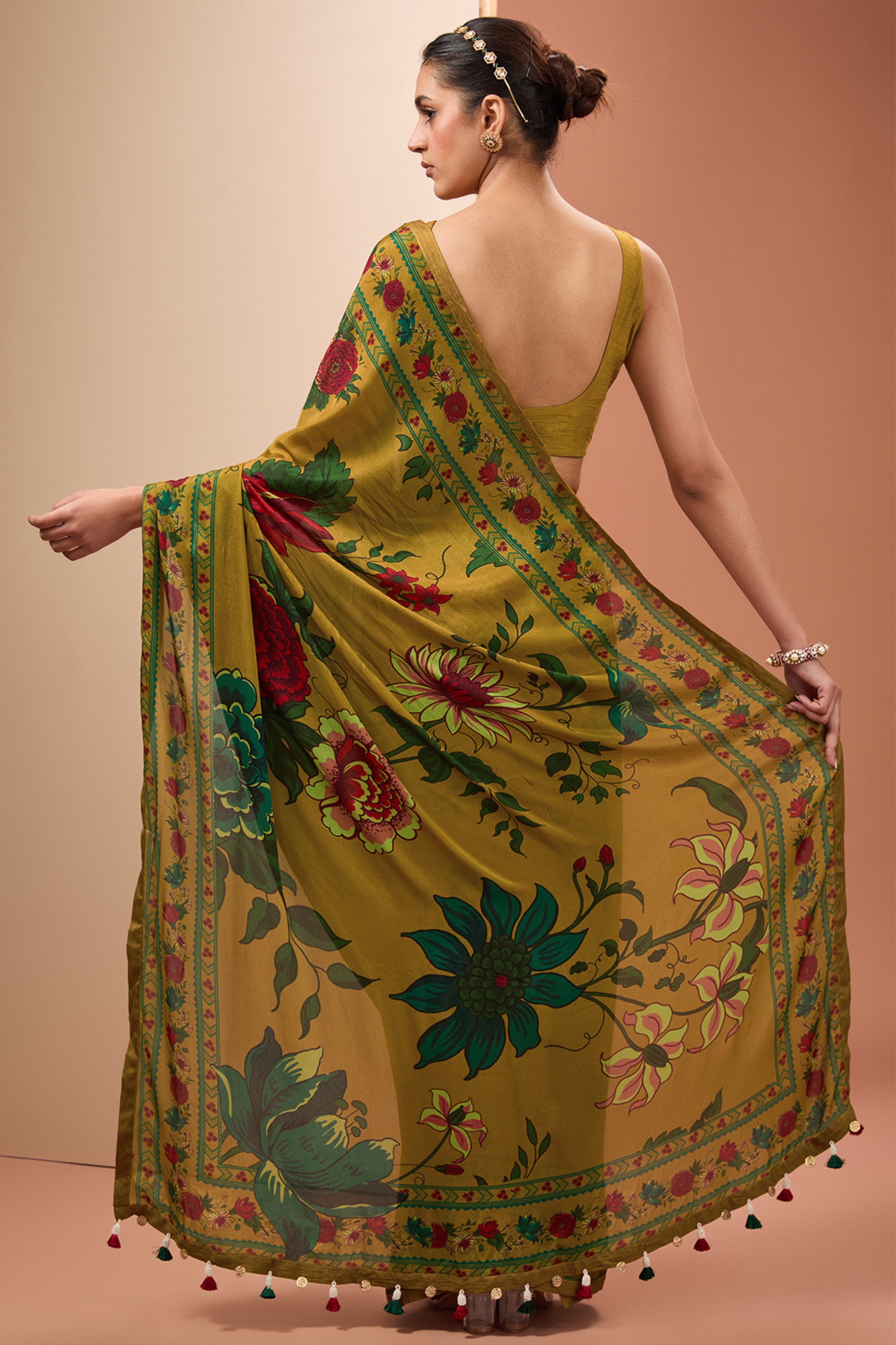 Mustard Printed Tassels Saree