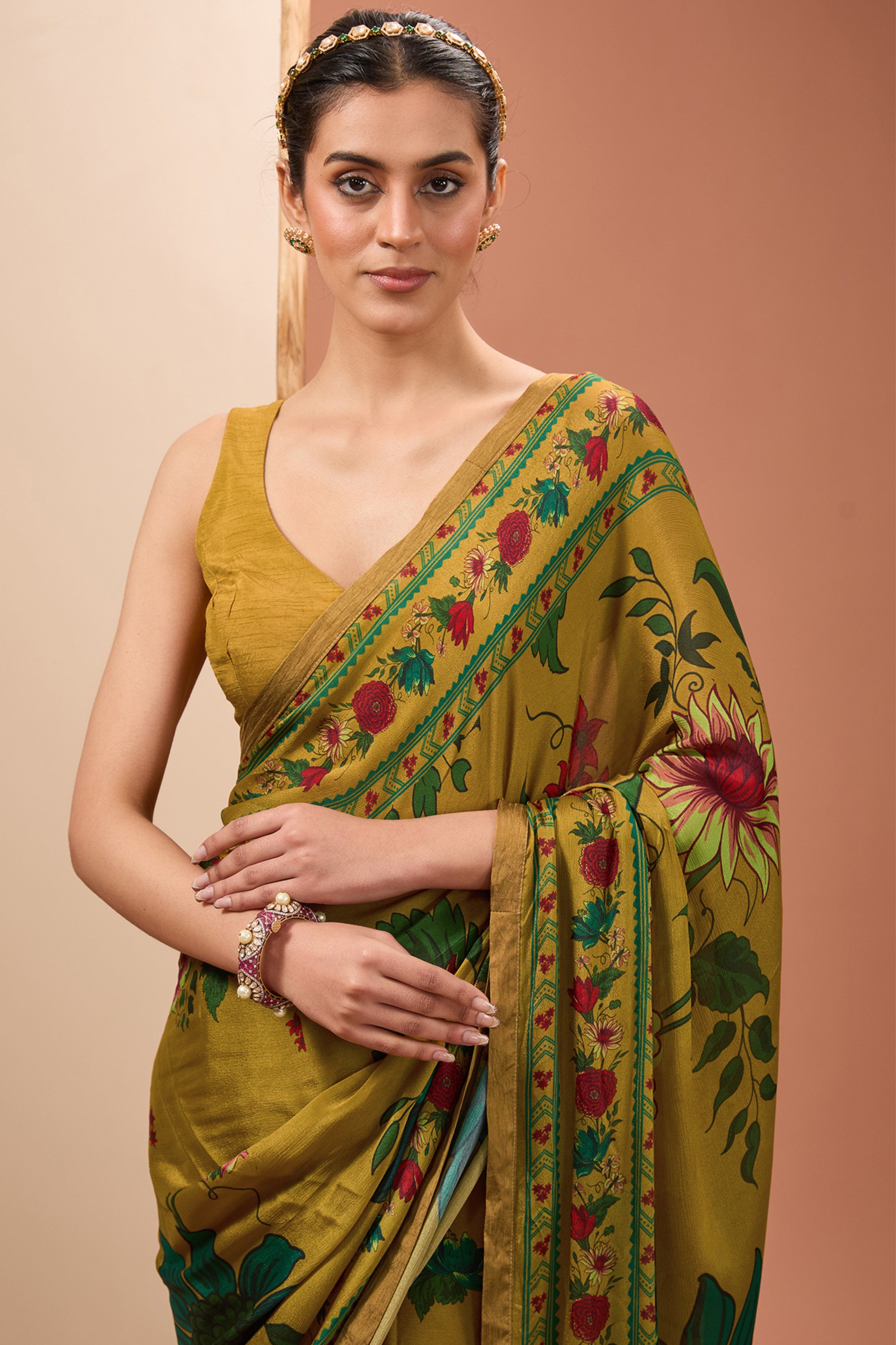 Mustard Printed Tassels Saree