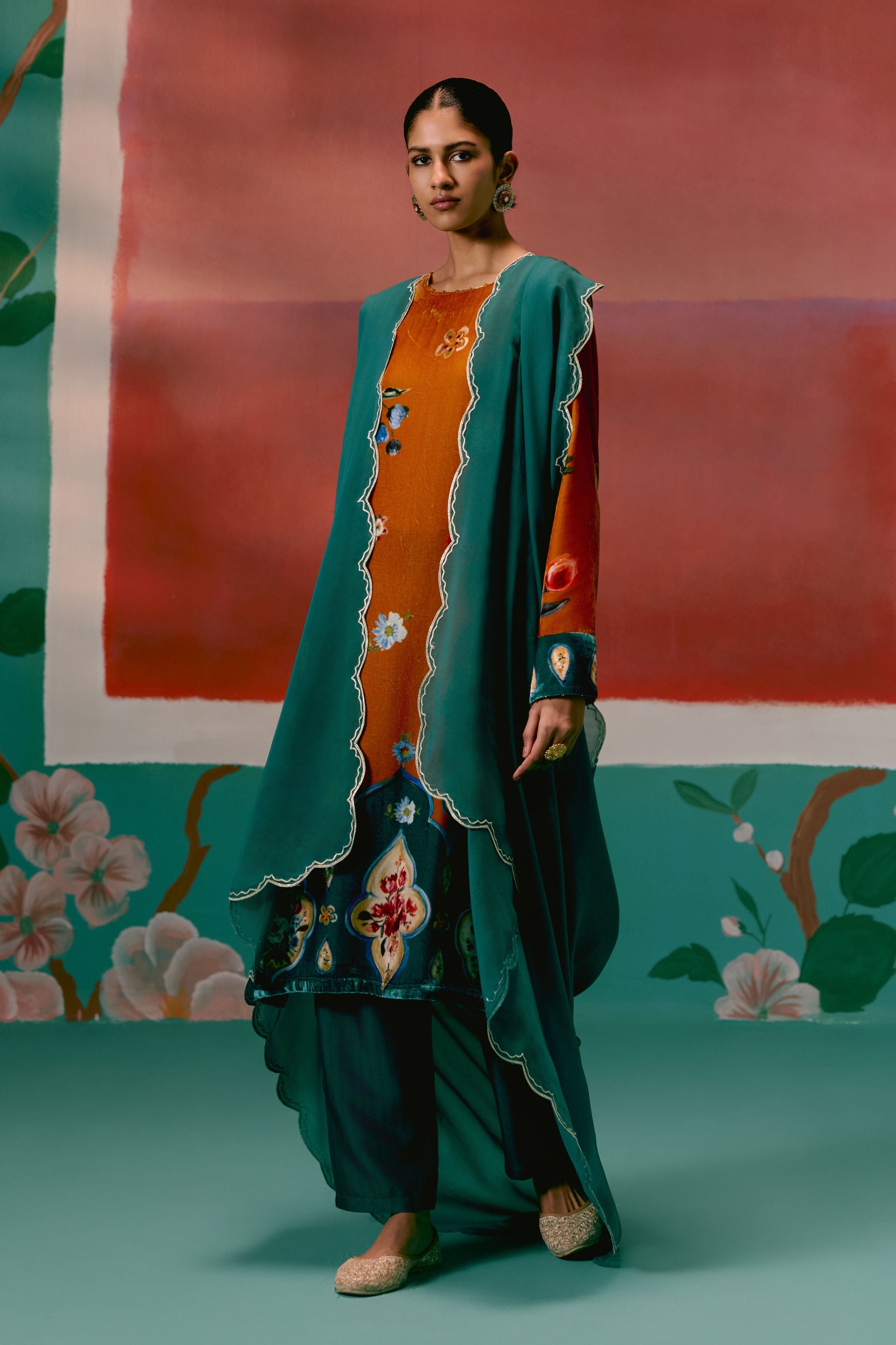 Mustard Teal Floral Velvet Kurta Set With Dupatta