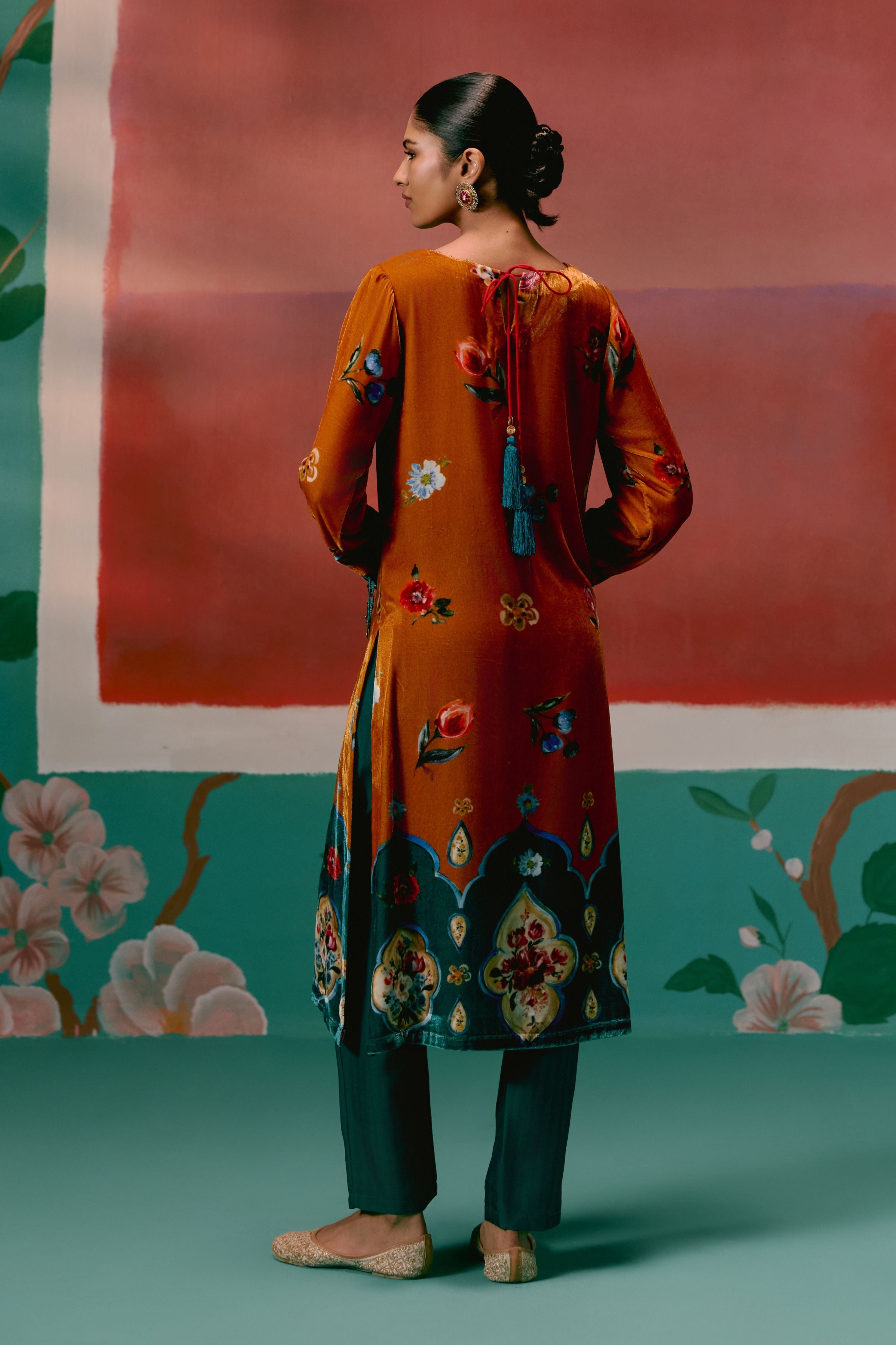 Mustard Teal Floral Velvet Kurta Set With Dupatta