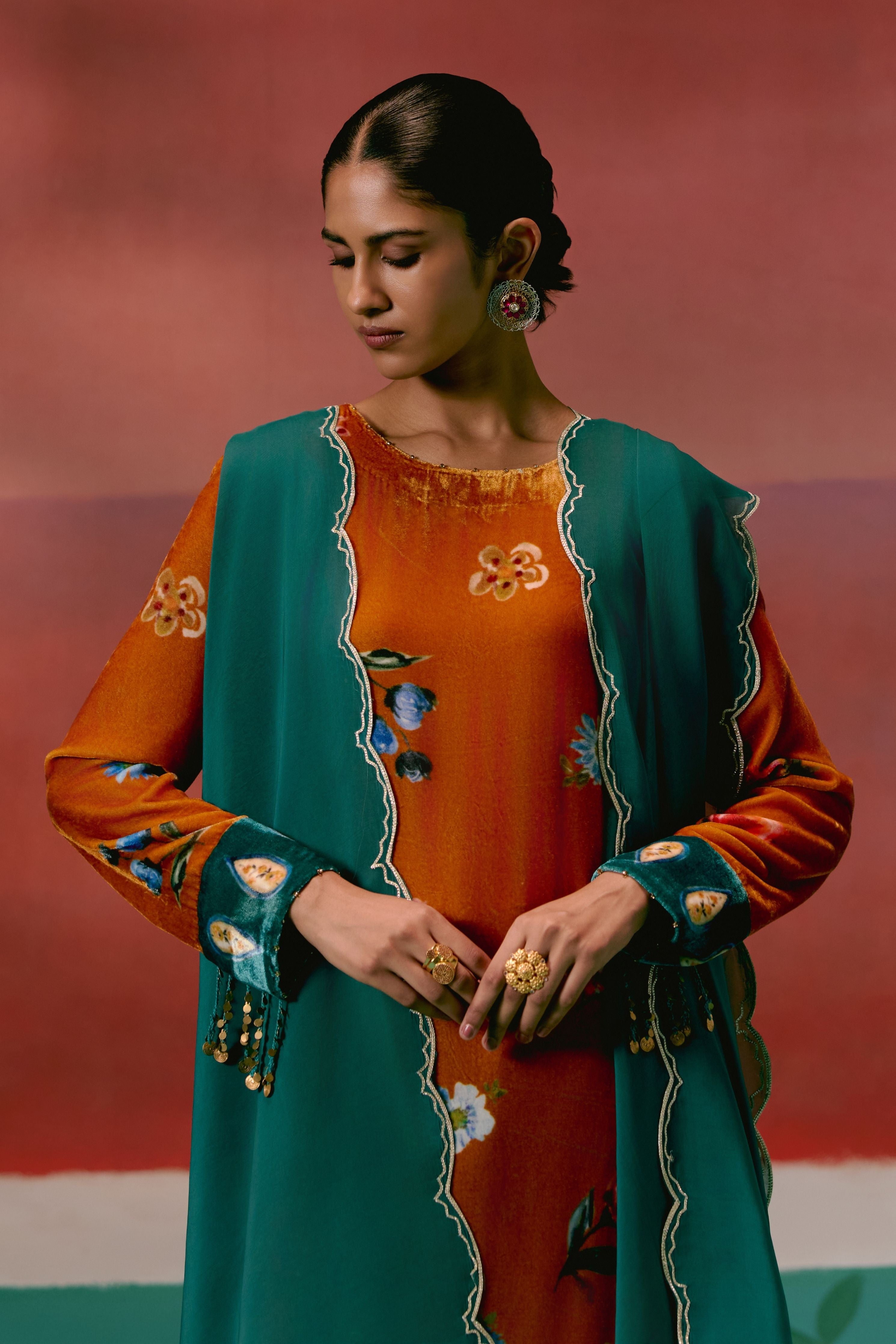 Mustard Teal Floral Velvet Kurta Set With Dupatta